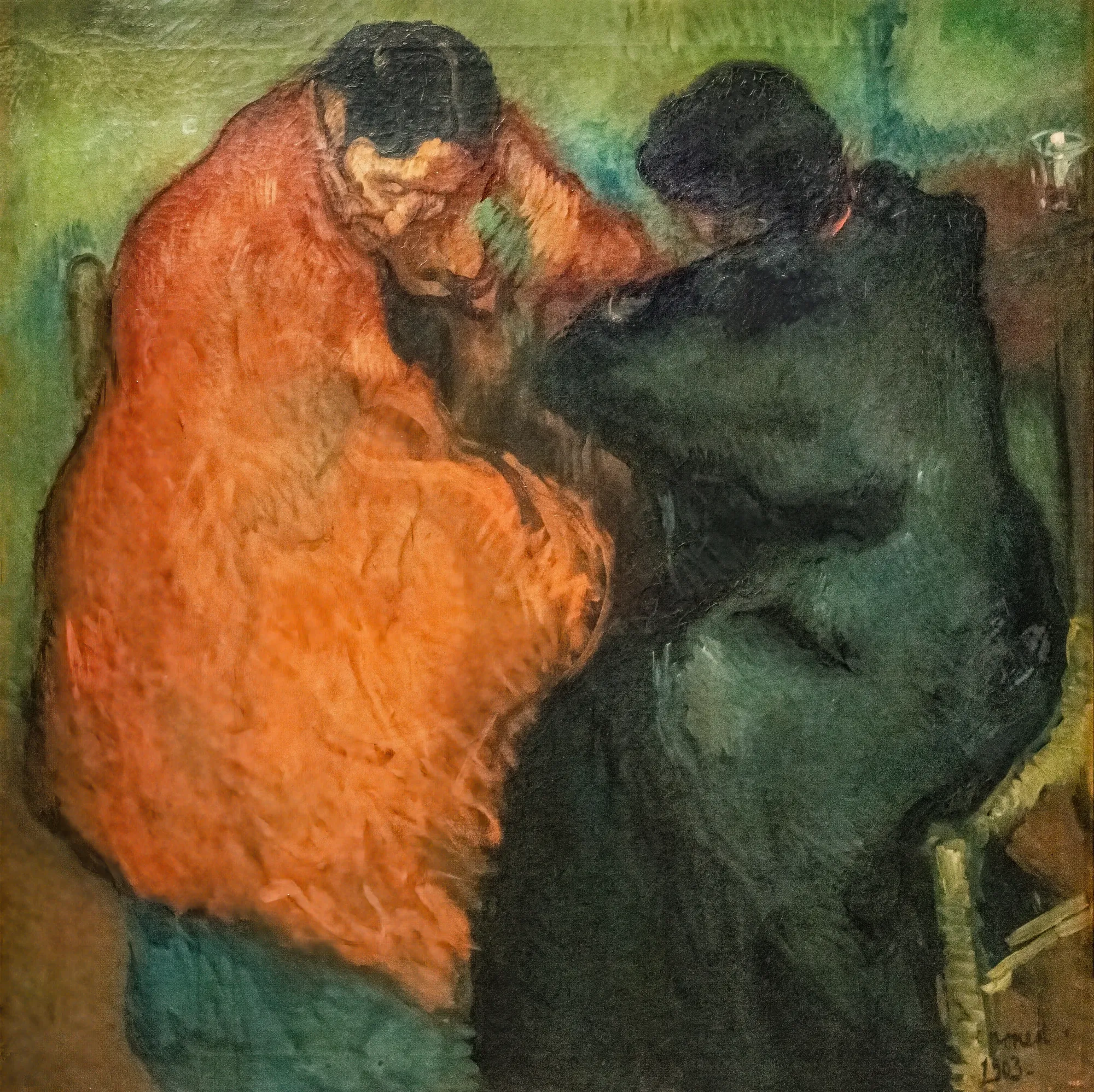 Two Gypsy Women Two Gypsy Women by Isidre Nonell. Two figures are depicted in close proximity, one draped in a vibrant orange shawl and the other in dark green garments.