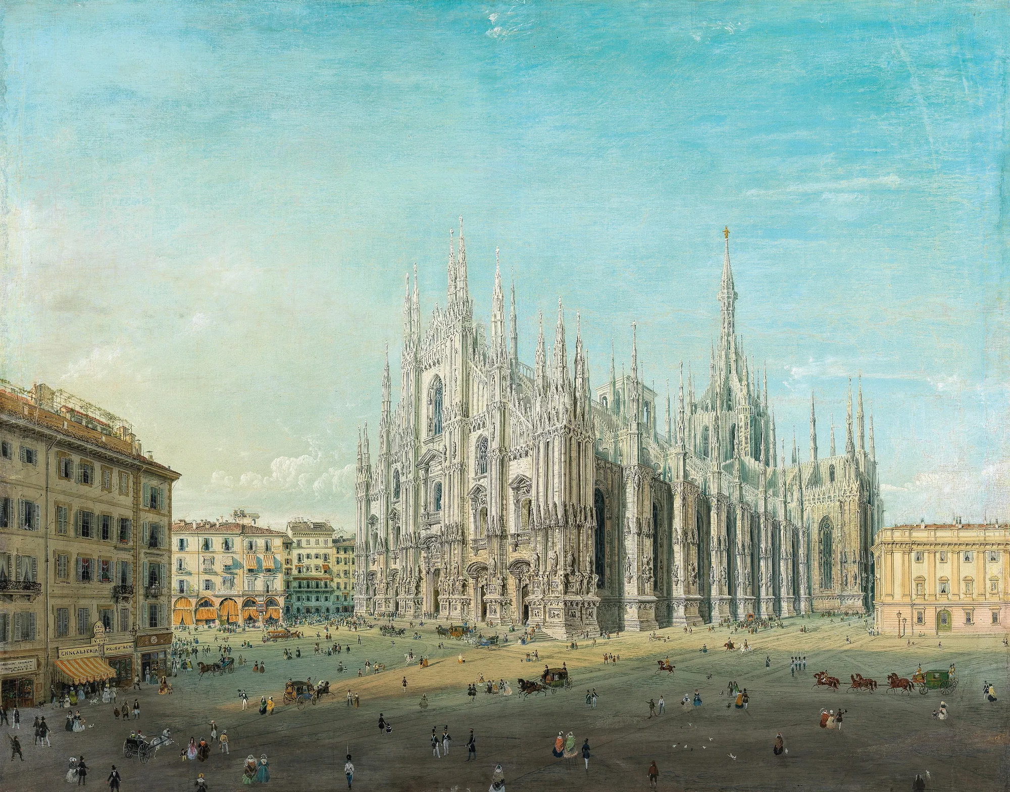Piazza del Duomo, Milan Piazza del Duomo, Milan by Carlo Bossoli. A detailed tempera painting of the Milan Cathedral towering over a busy public square filled with horse-drawn carriages and pedestrians.