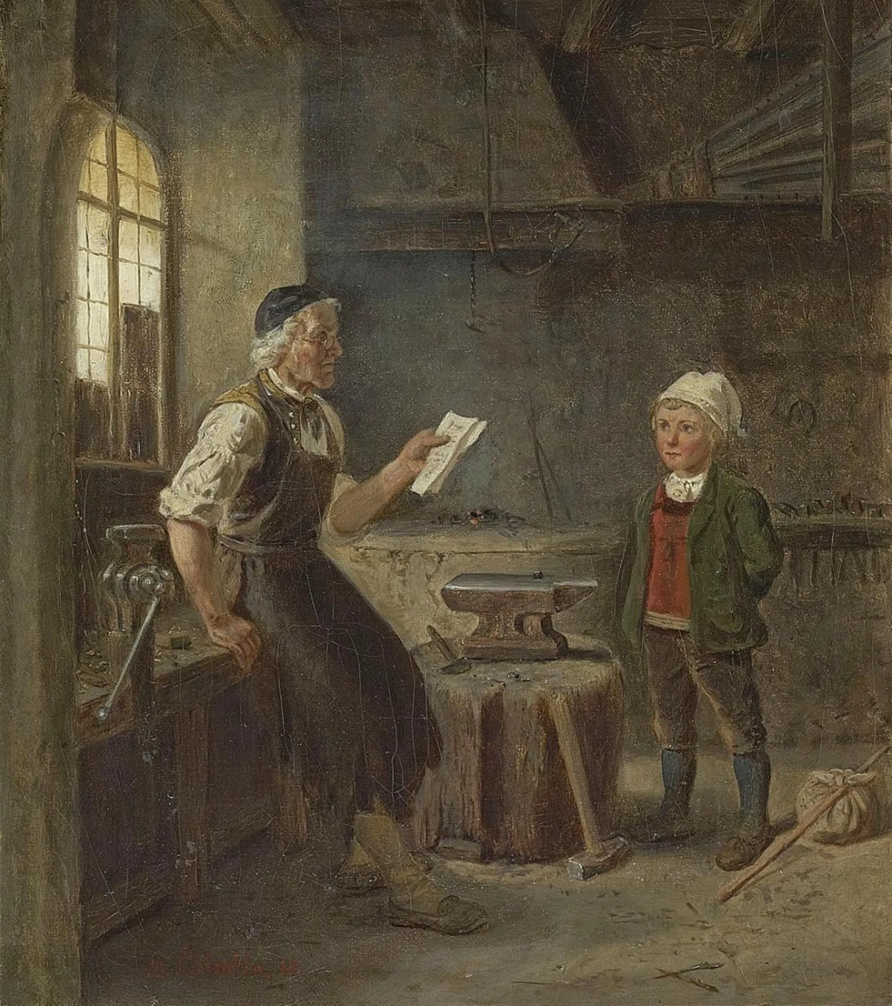 Der neue Schmiedelehrling (The New Blacksmith Apprentice) Der neue Schmiedelehrling (The New Blacksmith Apprentice) by Hubert Salentin. An elderly blacksmith seated in a workshop examines a document while a young boy, the new apprentice, stands attentively beside an anvil.
