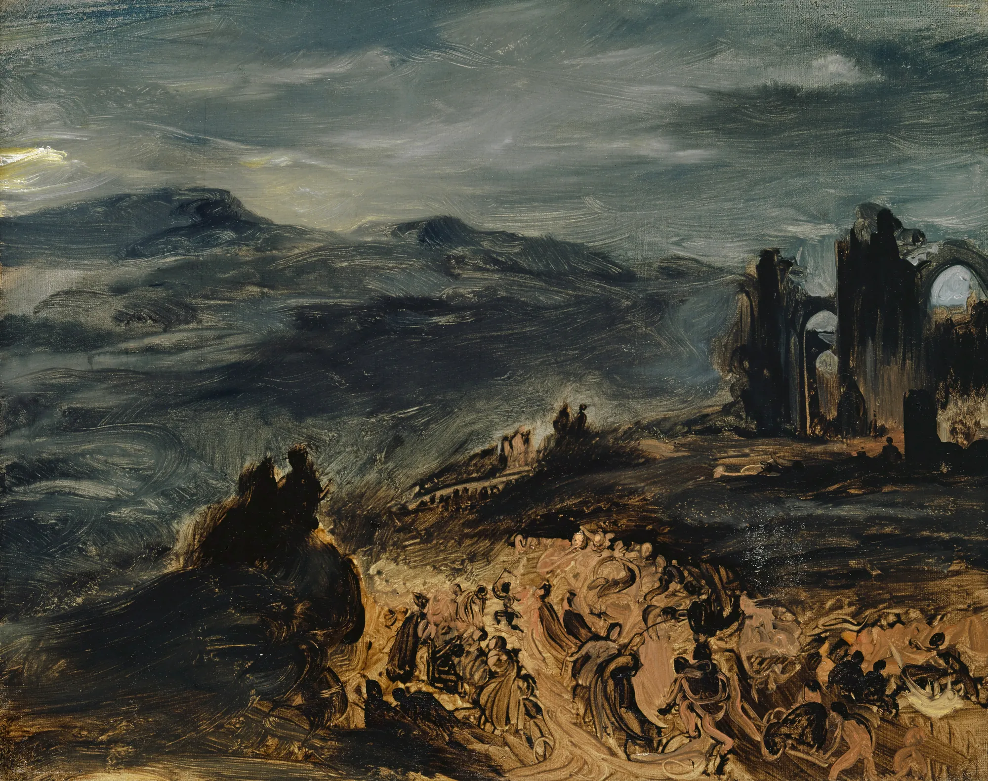 Scène de Sabbat Scène de Sabbat by Eugène Delacroix. A dark, atmospheric scene depicting a large crowd gathered beneath a stormy sky with silhouetted ruins to the right.