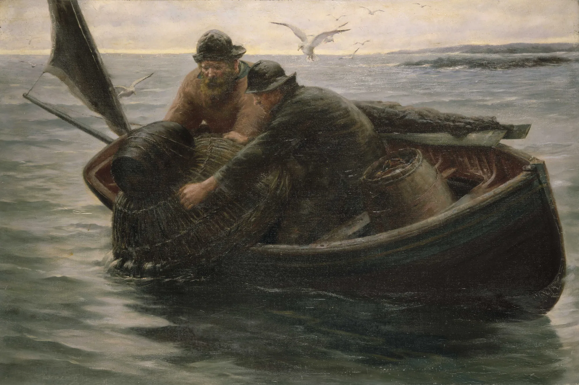 Hauling in the Lobster Pot Hauling in the Lobster Pot by Herbert E. Butler. Two fishermen in a dark wooden boat pull a woven lobster trap from a choppy sea under a grey sky with circling gulls.