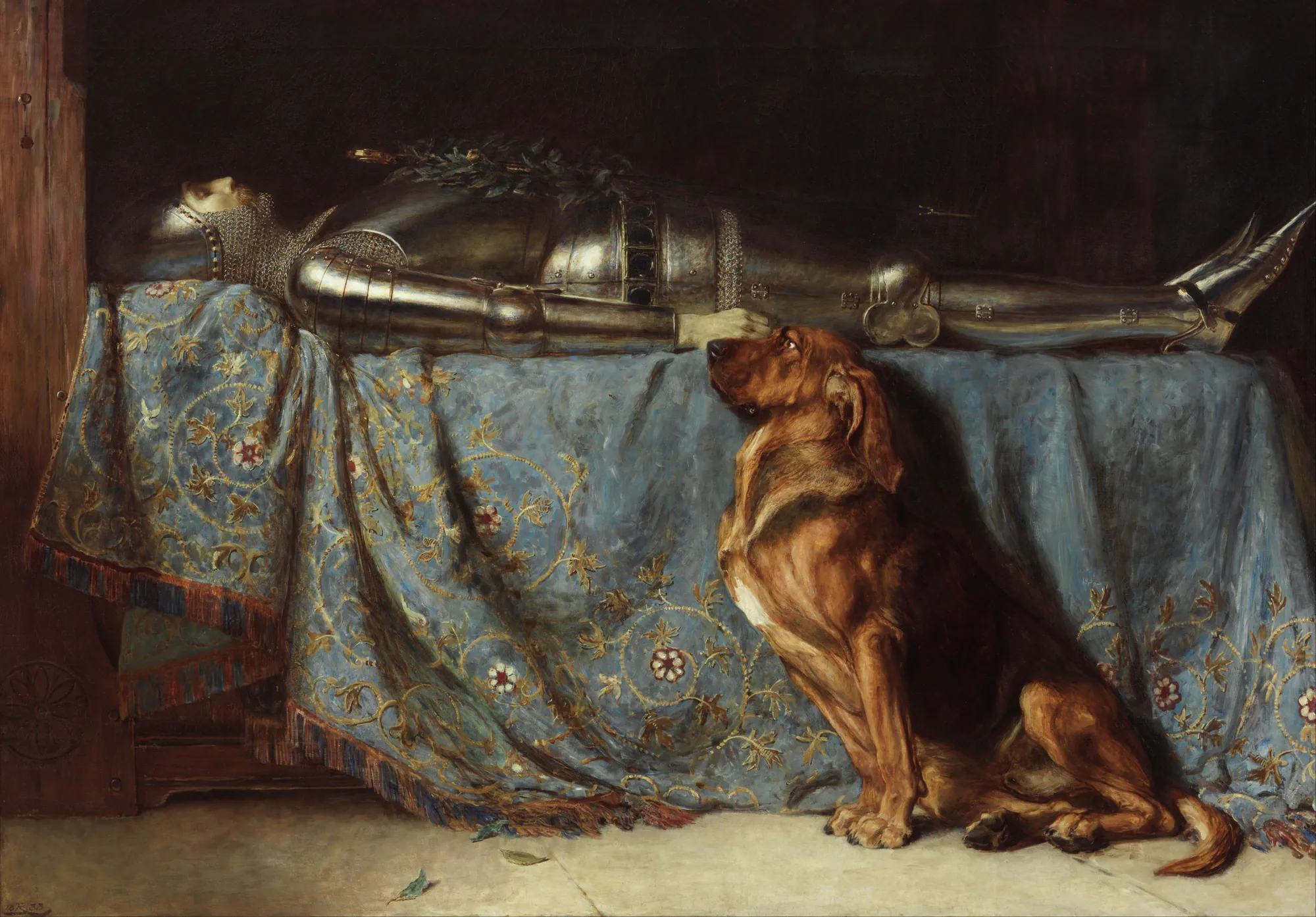 Requiescat Requiescat by Briton Rivière. A faithful bloodhound sits in vigil beside a knight in plate armor lying in state on a platform draped with a blue floral cloth.