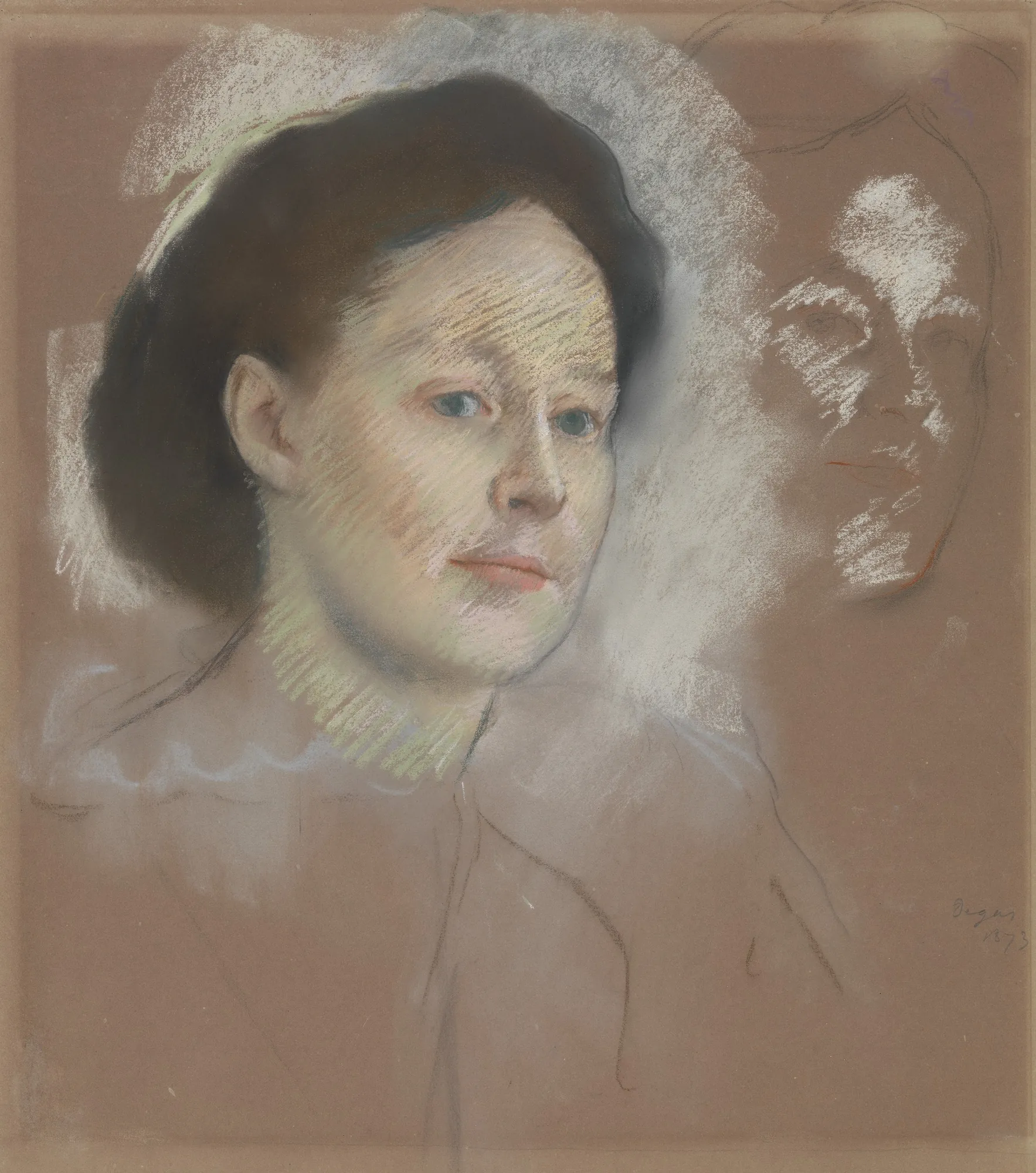 The Artist's Cousin (Mathilde Musson) The Artist's Cousin (Mathilde Musson) by Edgar Degas. A pastel study of a woman's face and shoulders on brown paper, featuring a secondary, ghost-like sketched face to the right.