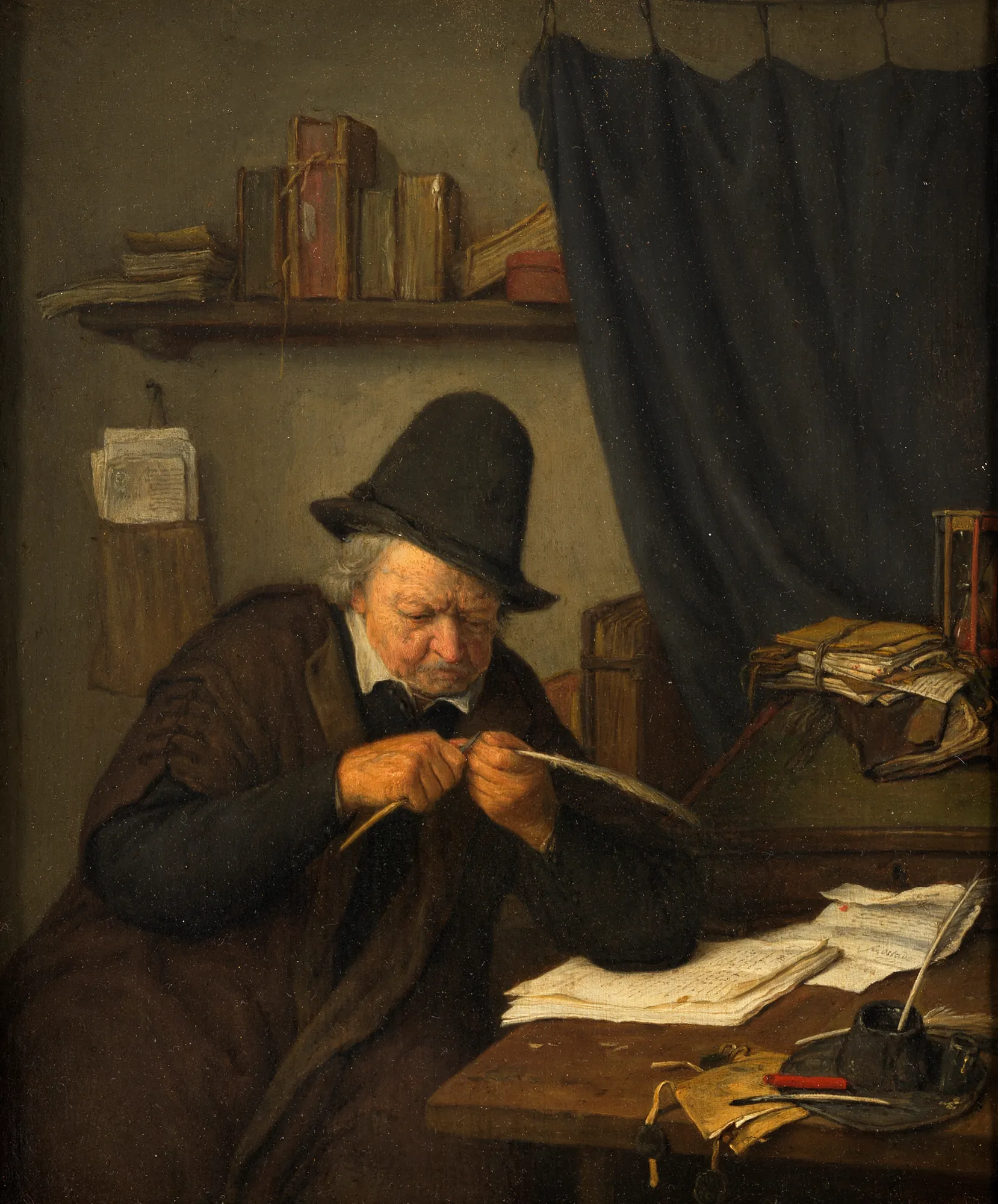 Lawyer at his Desk Lawyer at his Desk by Adriaen van Ostade. An elderly man in a dark hat and robe sits at a cluttered wooden desk, carefully sharpening a quill.