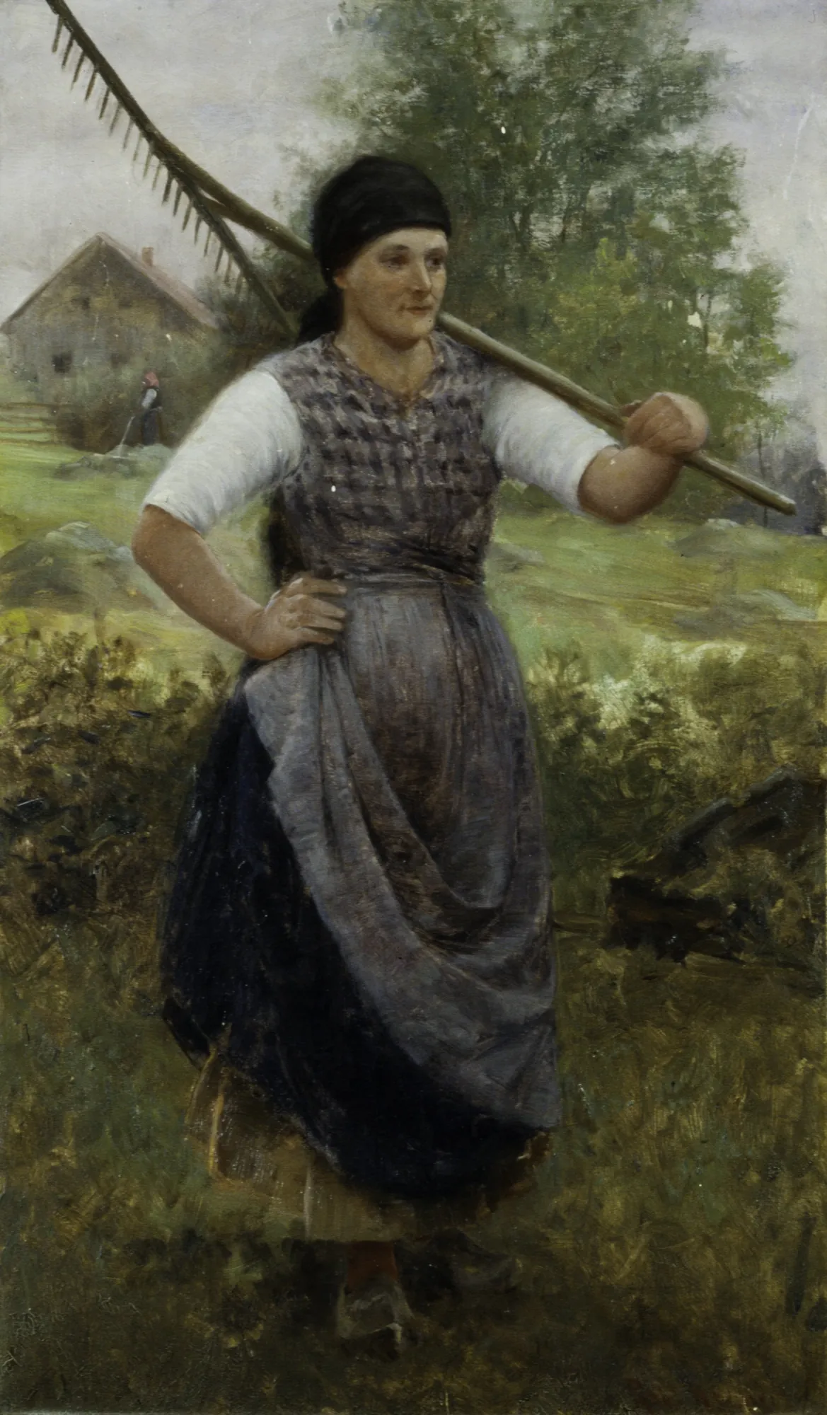 The Bohemian Peasant Girl The Bohemian Peasant Girl by Robert Koehler. A young woman in rural dress stands in a grassy field holding a large wooden rake over her shoulder.