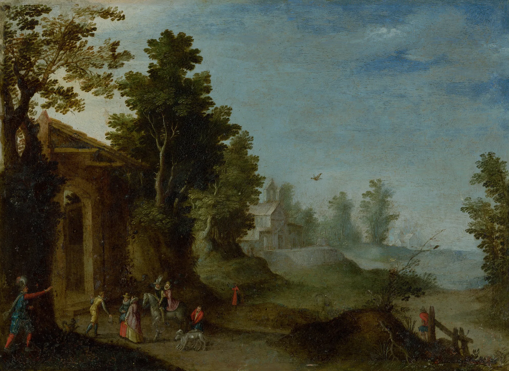 The Arrival of Guests The Arrival of Guests by Paul Bril. A 17th-century landscape painting featuring figures in period dress gathering outside a building, set against a rolling vista under an expansive sky.