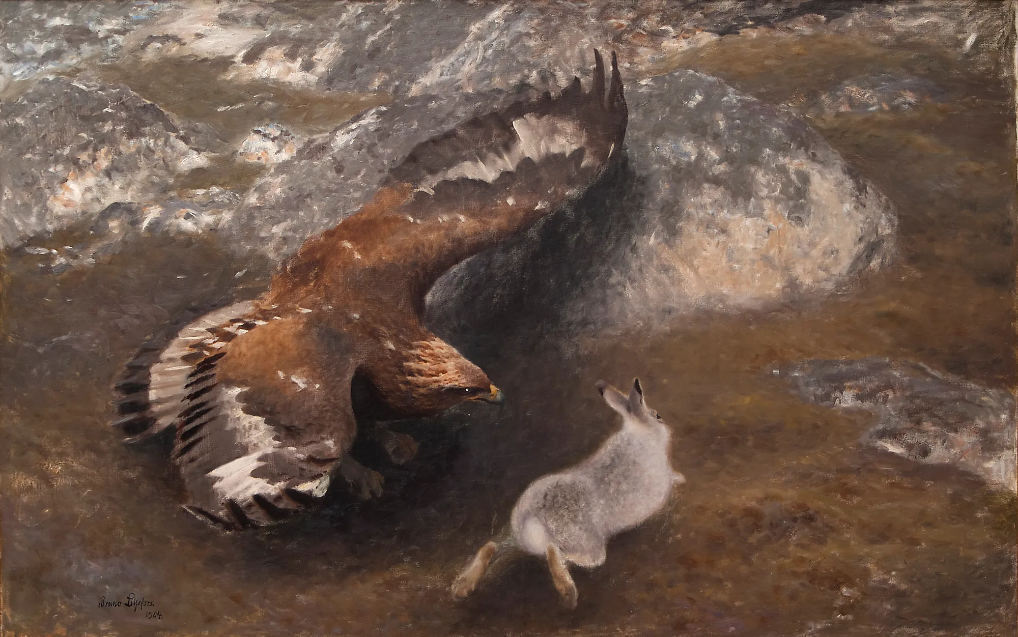 Eagle and Hare Eagle and Hare by Bruno Liljefors. A large golden eagle descends with spread wings towards a white hare running across a rocky, winter landscape.