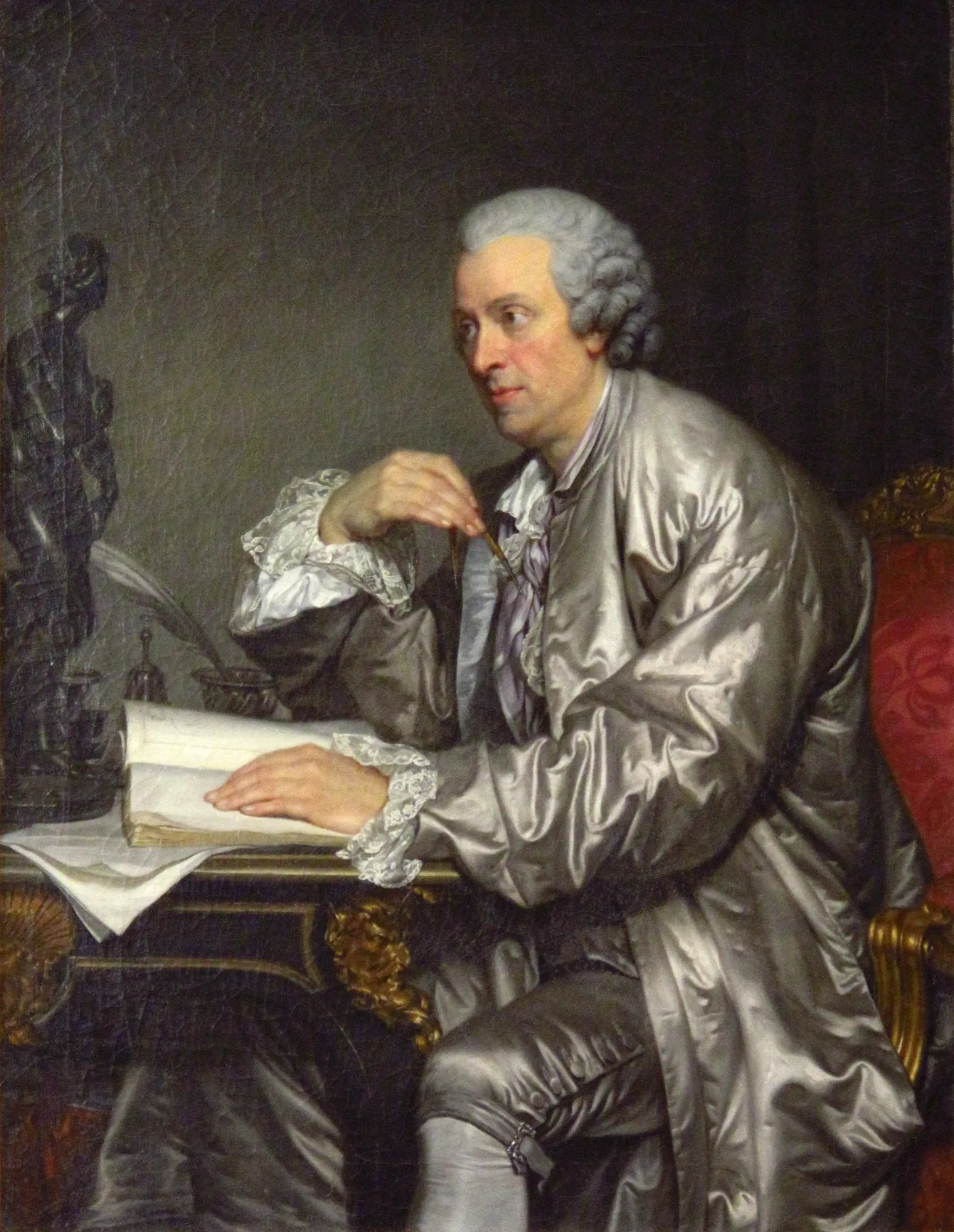 Claude Henri Watelet Claude Henri Watelet by Jean-Baptiste Greuze. A formal 18th-century portrait of a man in a shimmering silver satin robe seated at a desk with an open book and a classical statue.