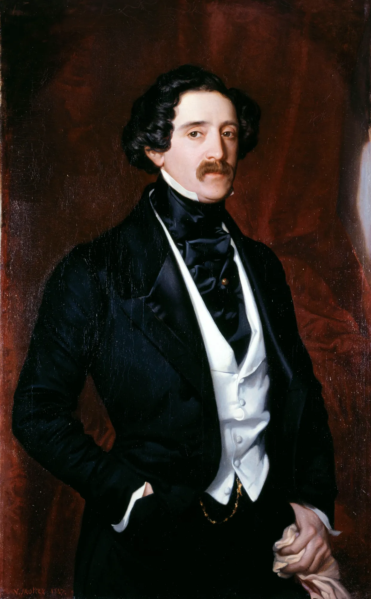 Portrait of Édouard Caillard Portrait of Édouard Caillard by Victor Mottez. A formal oil portrait of a man with dark hair and a mustache wearing a black coat and white waistcoat against a red background.
