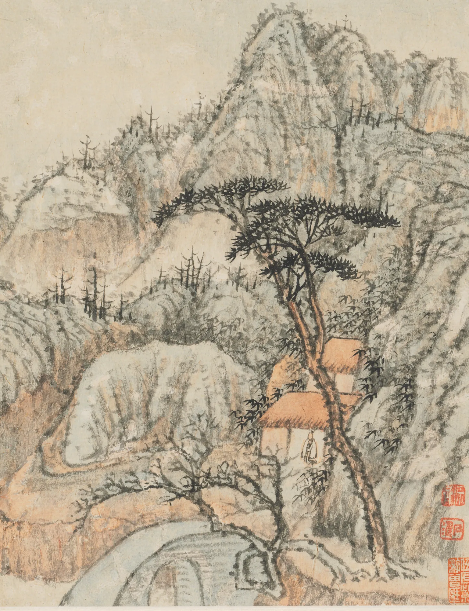 Reminiscences of Qinhuai River Reminiscences of Qinhuai River by Shitao. A traditional Chinese ink and light color landscape featuring misty mountains, a thatched hut nestled among pines, and a stone bridge over a river.