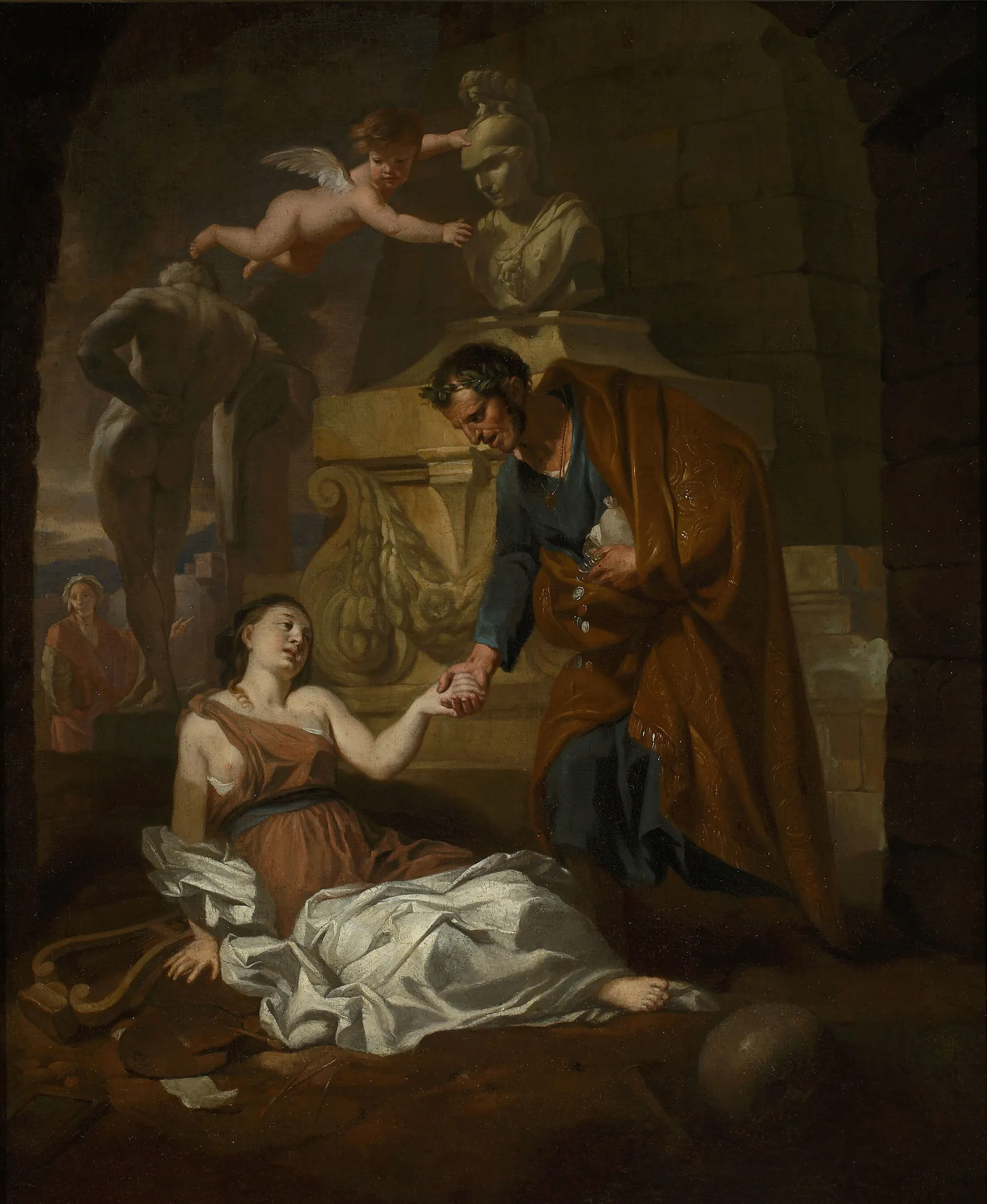 Gaius Maecenas Supporting the Fine Arts Gaius Maecenas Supporting the Fine Arts by Gerard de Lairesse. An allegorical oil painting depicting a robed Roman figure reaching out to a seated woman amidst classical ruins and sculptures.