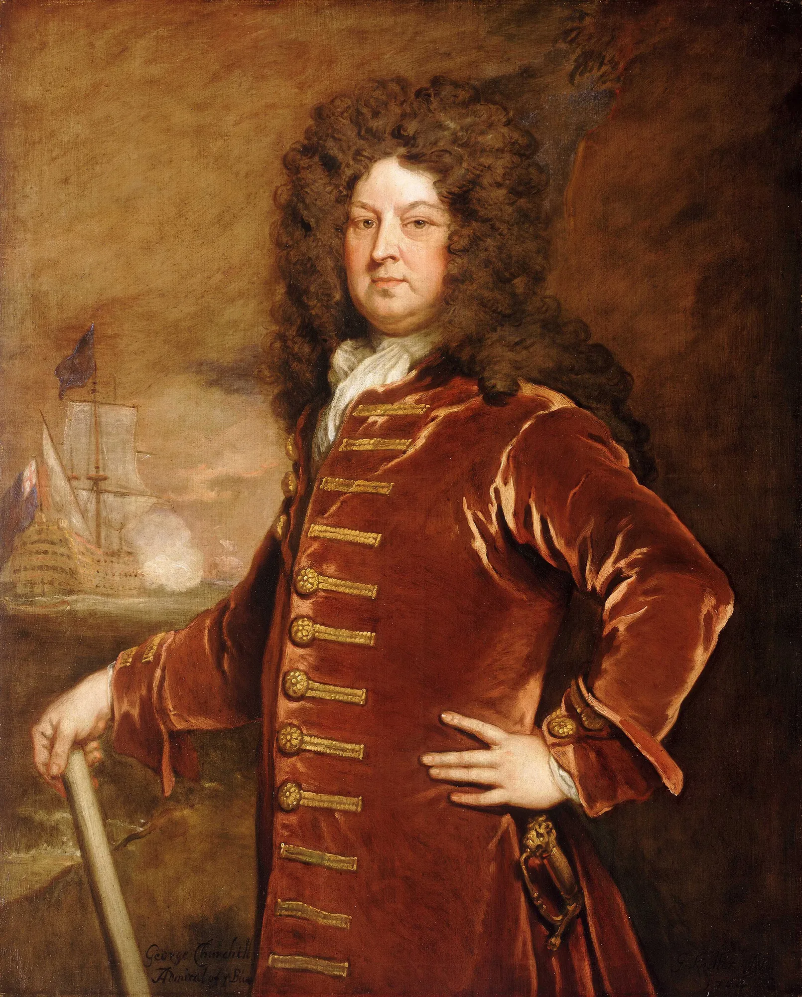 Admiral George Churchill Admiral George Churchill by Godfrey Kneller. A three-quarter length portrait of a man in a red velvet naval uniform and voluminous wig, standing against a background featuring a battleship at sea.
