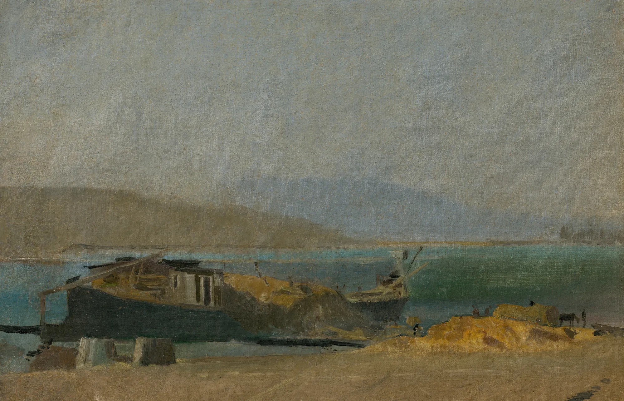 Cargo Ship on the Danube Riverbank