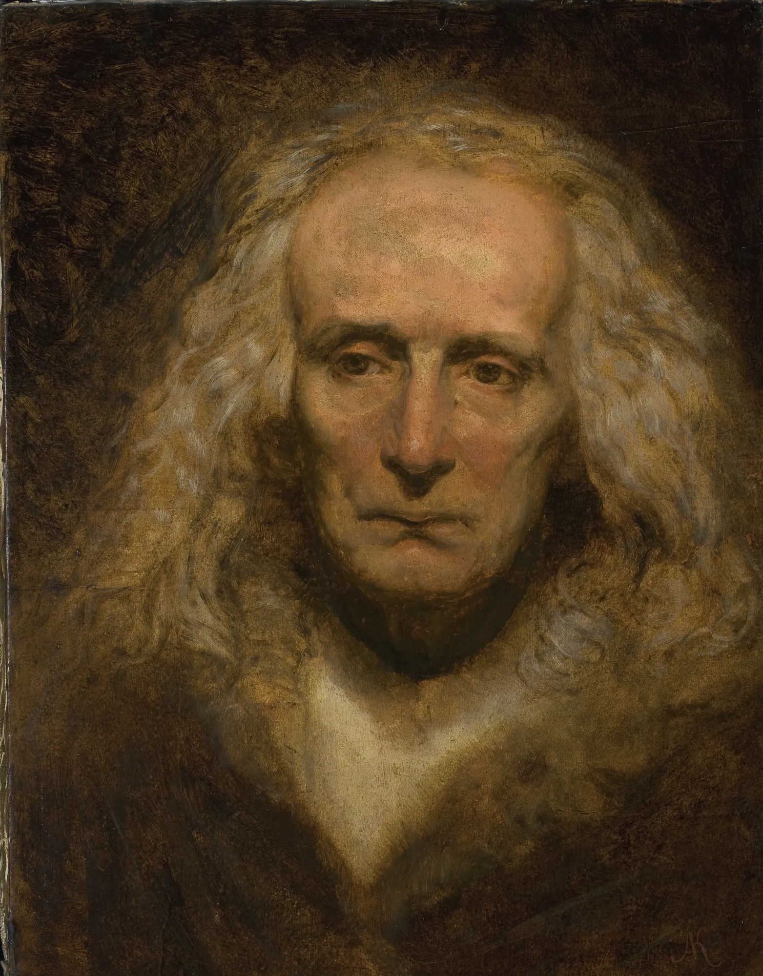 Head of Sabała Head of Sabała by Aleksander Kotsis. A soulful oil portrait of an elderly man with long, wavy silver hair and a thoughtful expression, set against a dark, atmospheric background.