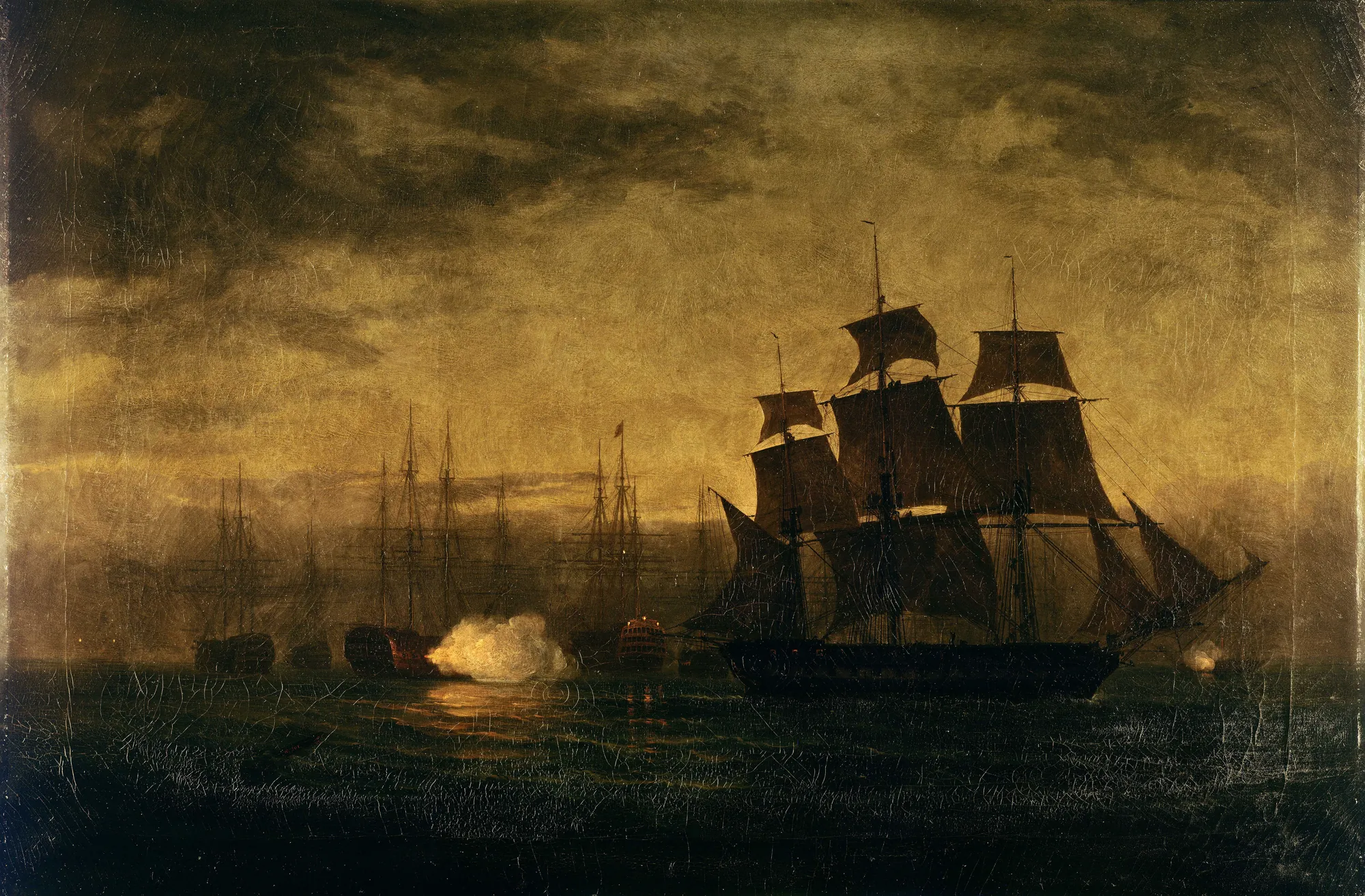 Escape of HMS 'Clyde' from the Nore Mutiny Escape of HMS 'Clyde' from the Nore Mutiny by William Joy. A large sailing vessel is silhouetted against a dark, moody sky while a bright flash of light from a distant ship illuminates the choppy sea.