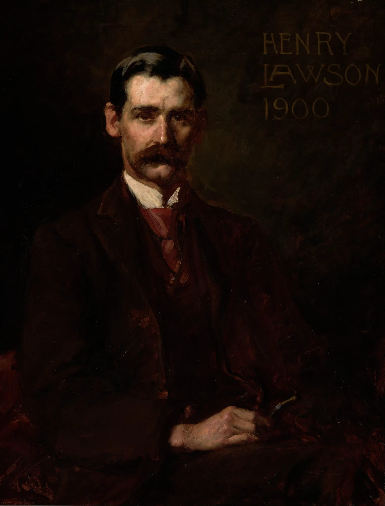Henry Lawson Henry Lawson by John Longstaff. A moody oil portrait of a man with a mustache in a dark suit, featuring the text 'HENRY LAWSON 1900' in the upper right.