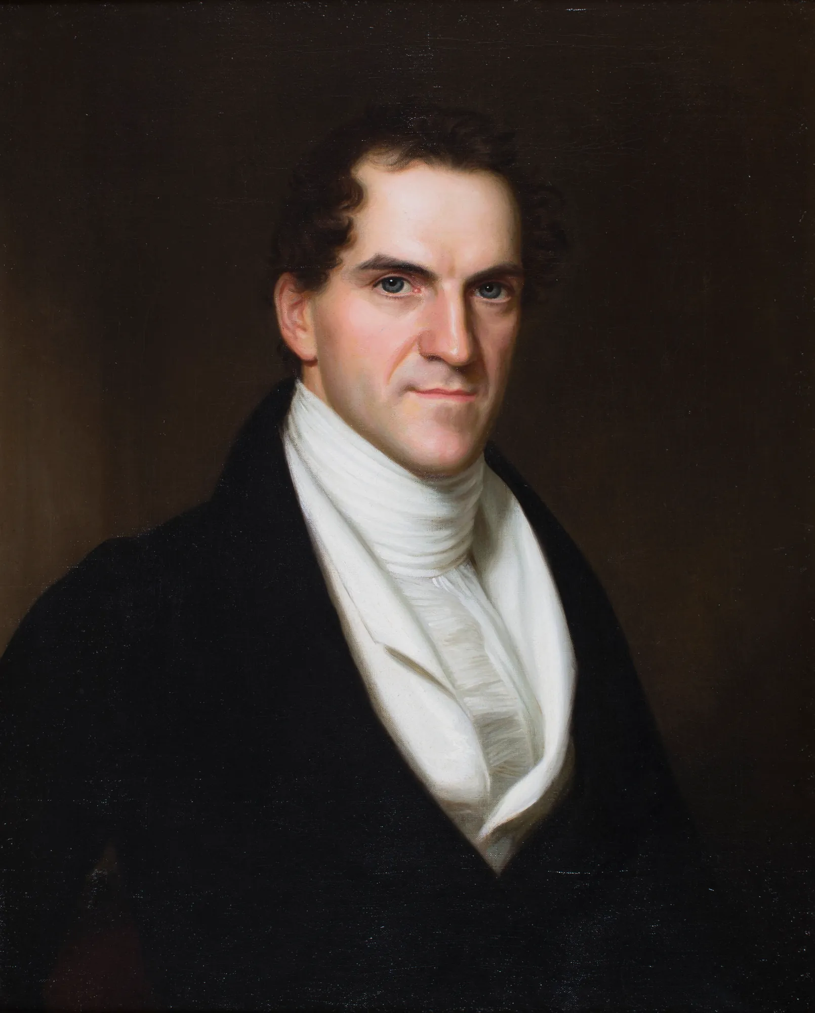 Henry Vanderlyn Henry Vanderlyn by John Vanderlyn. A formal half-length portrait of a man with dark hair wearing a black coat and a luminous white cravat against a dark brown background.