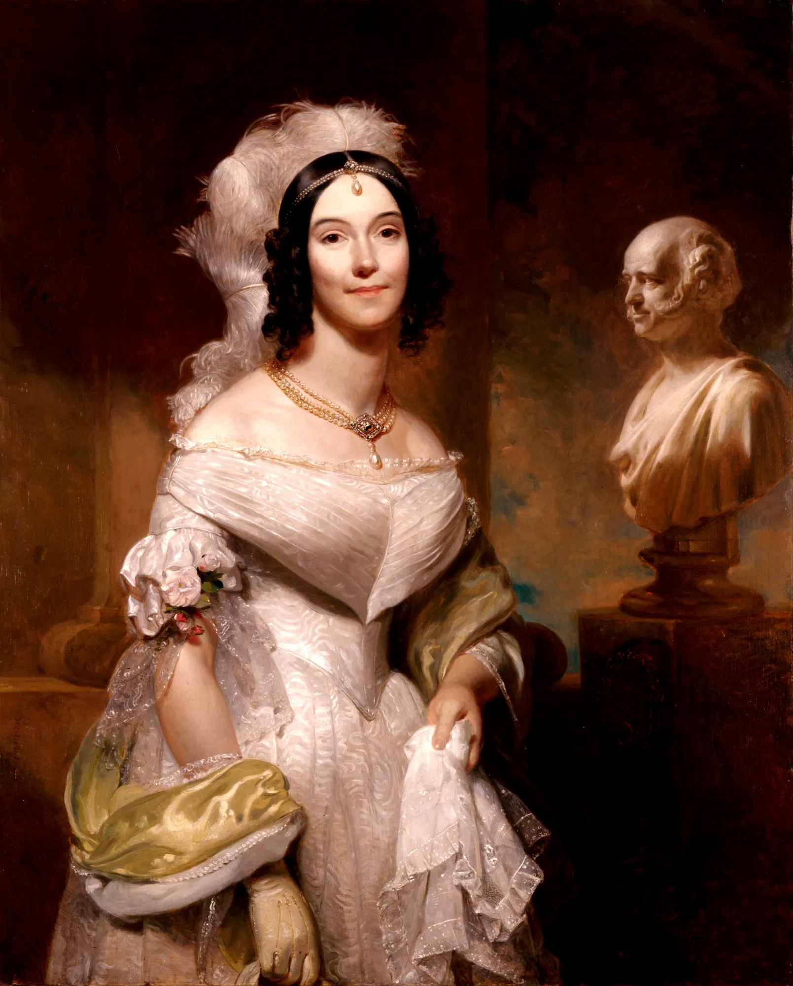 Angelica Singleton Van Buren Angelica Singleton Van Buren by Henry Inman. A formal oil portrait of a woman in a luminous white gown with an ostrich feather headpiece, standing next to a marble bust.