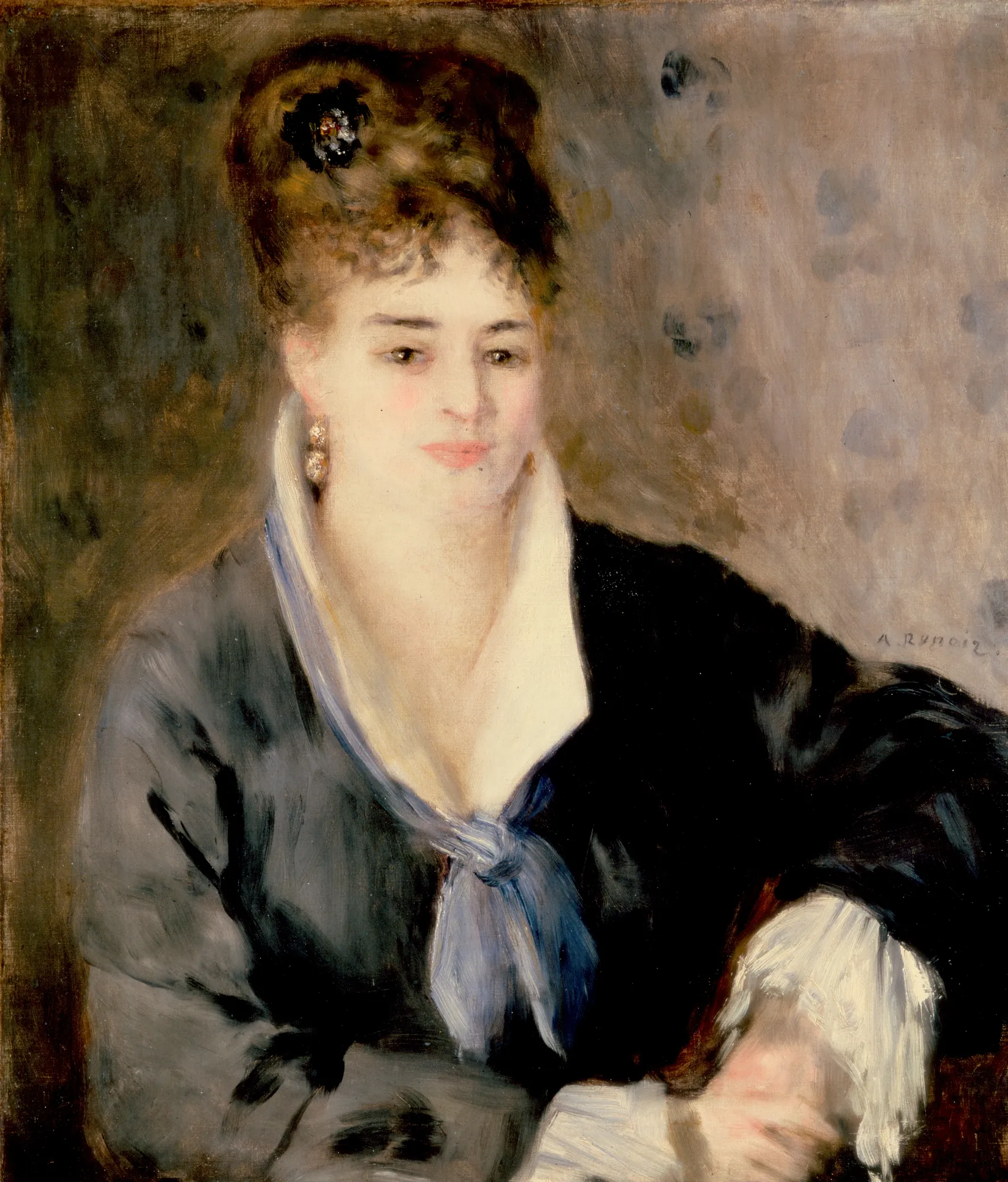 Woman in Black Woman in Black by Pierre-Auguste Renoir. An Impressionist portrait of a woman with dark hair swept up, wearing a high-collared black dress with a soft blue scarf.