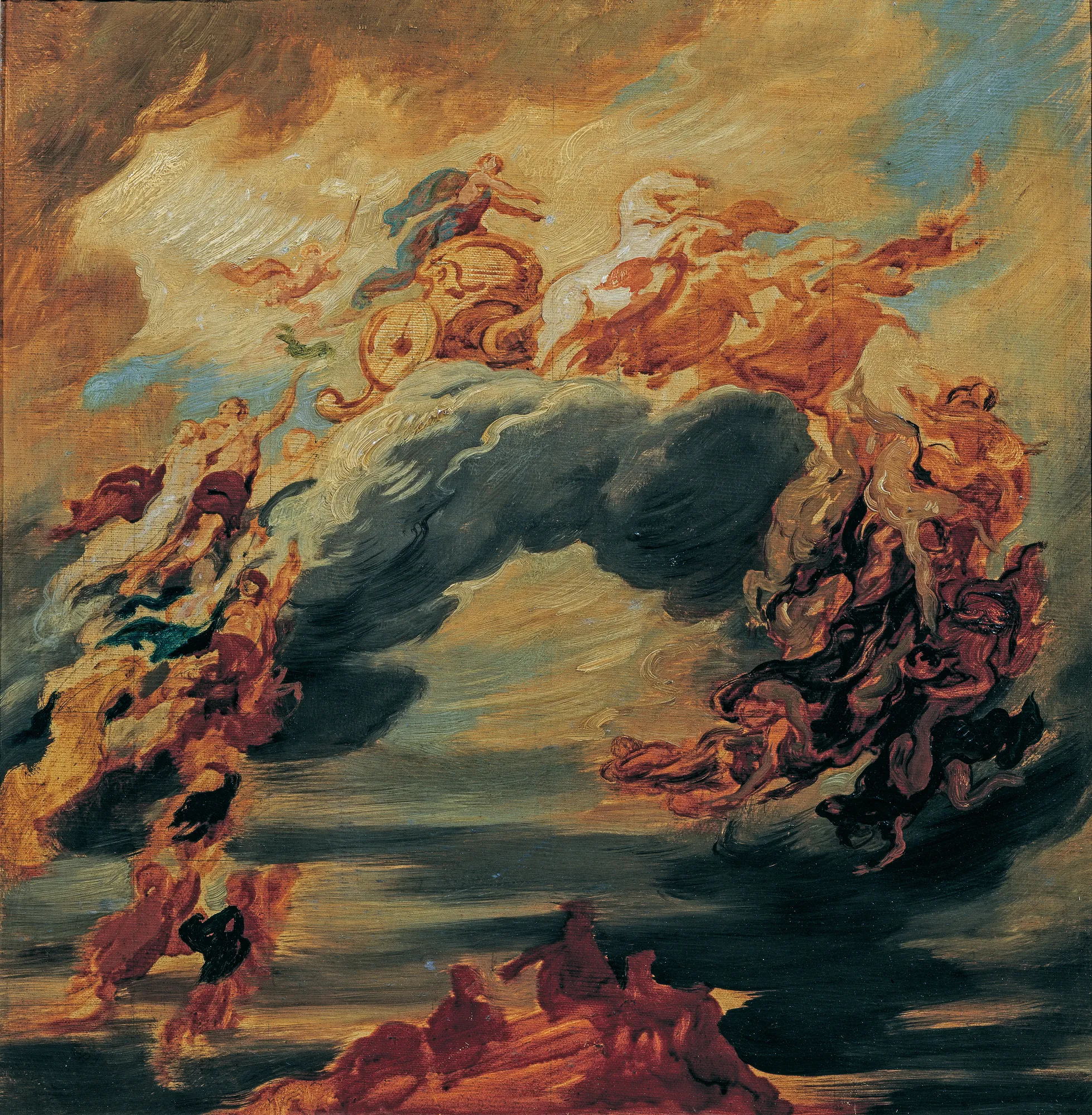 The Victory of Light over Darkness The Victory of Light over Darkness by Hans Canon. An allegorical scene depicting a sun chariot drawn by white horses emerging from golden clouds above a dark, swirling abyss filled with shadowy figures.