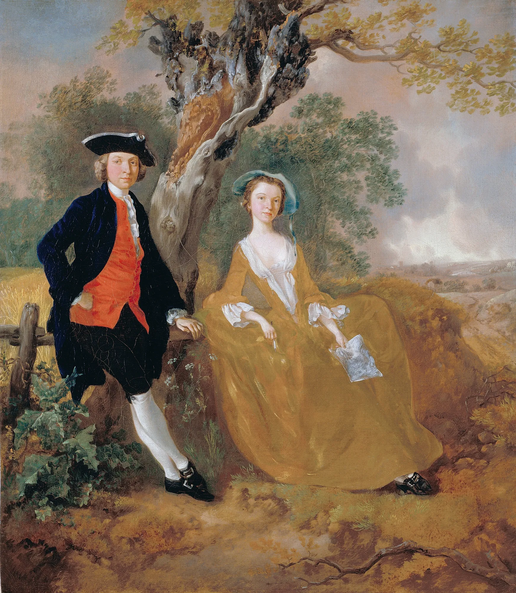 A Couple in a Landscape A Couple in a Landscape by Thomas Gainsborough. An 18th-century man and woman pose before a gnarled tree in a soft, rolling landscape.