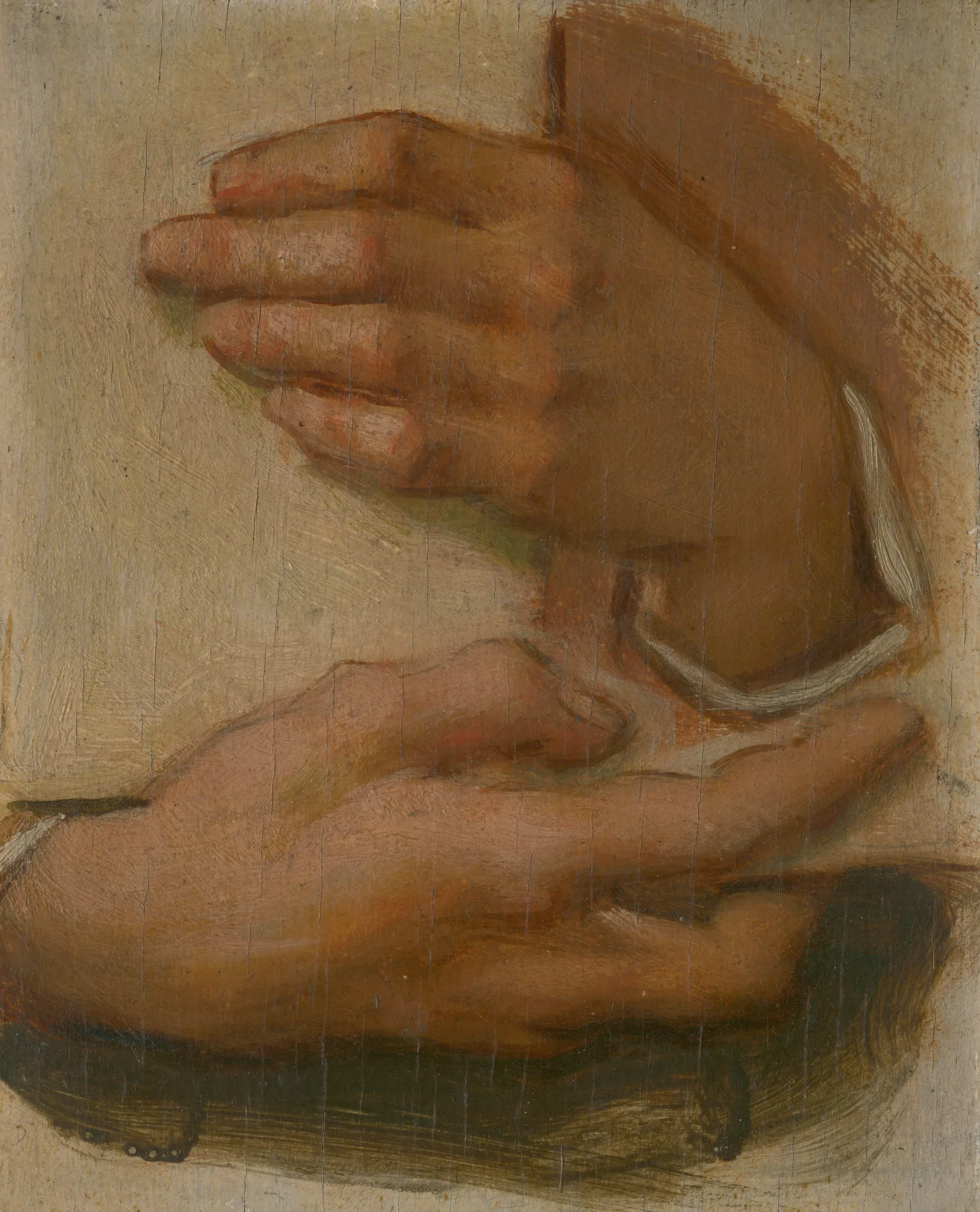Study of Hands Study of Hands by Milan Thomka Mitrovský. An oil study of two human hands depicted in resting positions against a light neutral background.