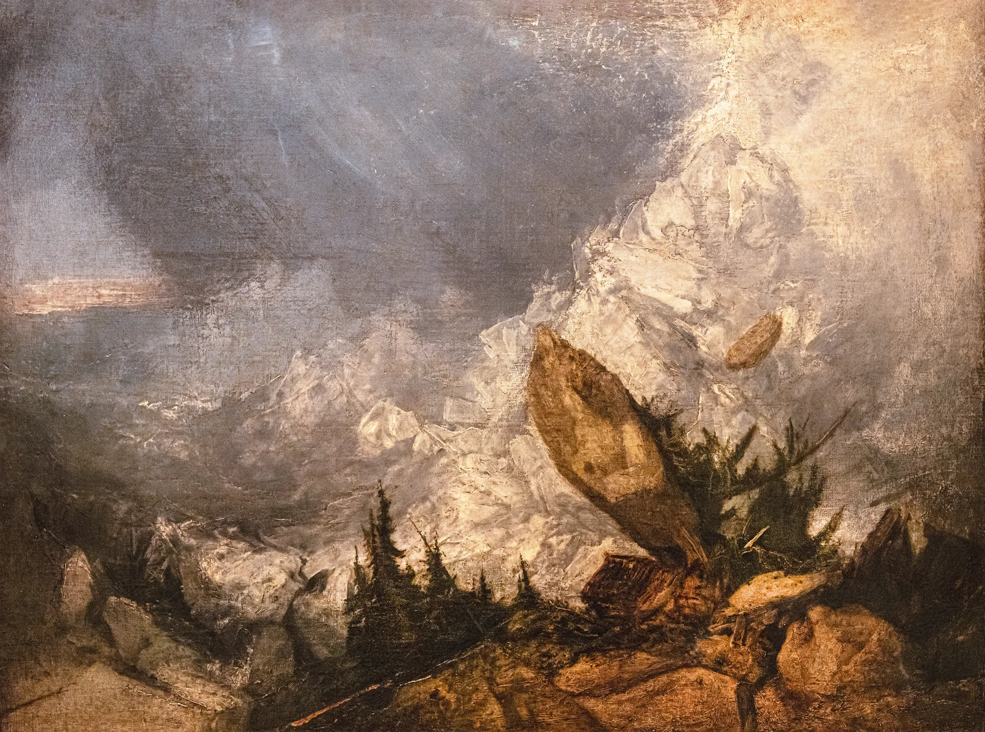 The Fall of an Avalanche in the Grisons The Fall of an Avalanche in the Grisons by J. M. W. Turner. A dramatic mountain landscape showing an avalanche of boulders and snow sweeping through a valley and crushing a small wooden building.