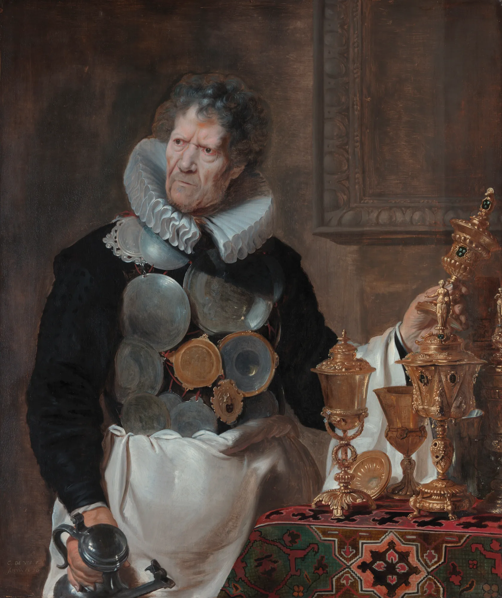 Portrait of Abraham Grapheus Portrait of Abraham Grapheus by Cornelis de Vos. A half-length portrait of an elderly man with an intense gaze, wearing a white ruff and dark garments adorned with metallic plates, standing next to a table laden with ornate golden chalices.