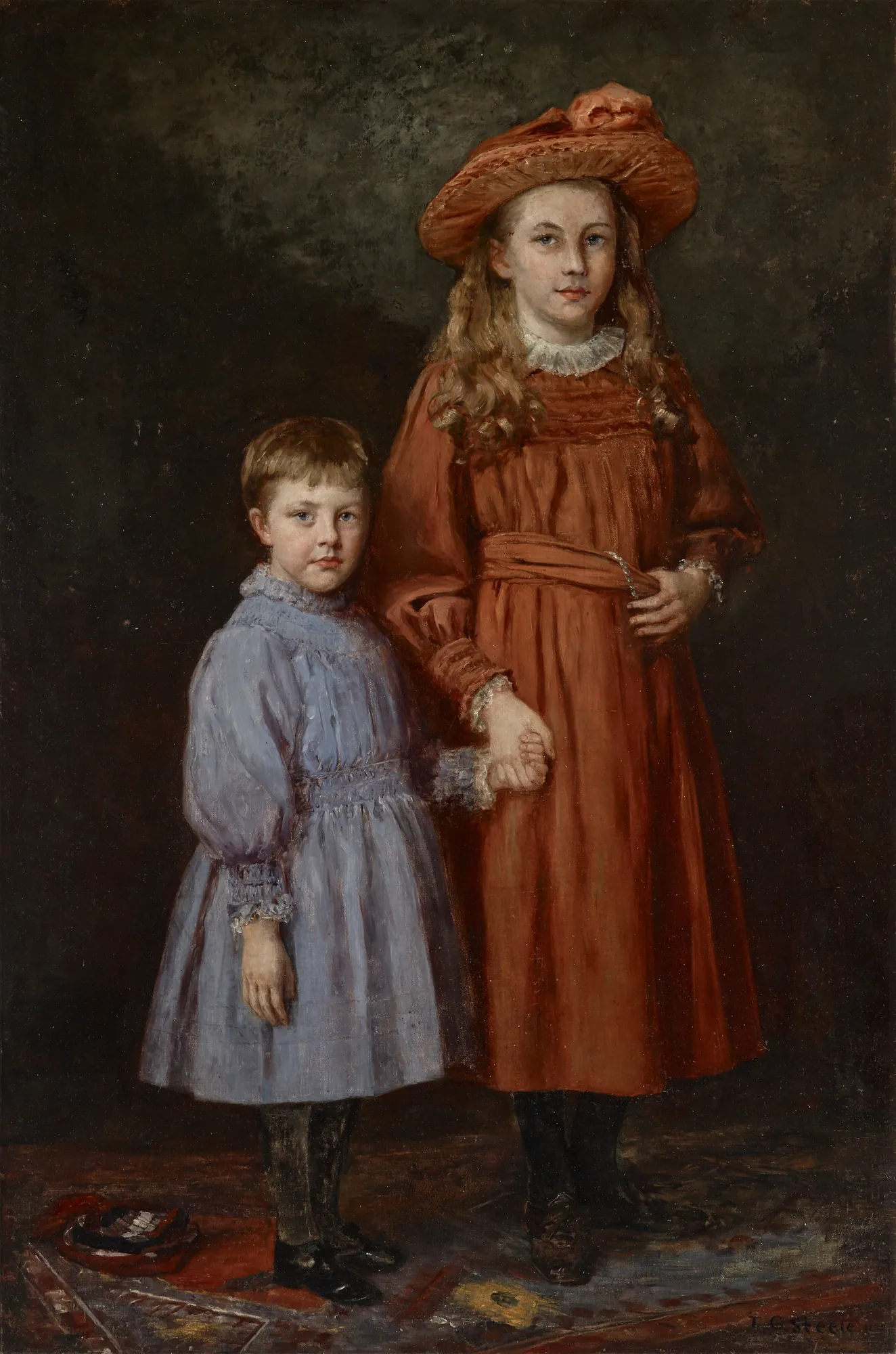 The Pierce Children The Pierce Children by Theodore Clement Steele. A full-length portrait of two young children, a girl in a red dress and hat and a younger child in a blue dress, holding hands against a dark background.