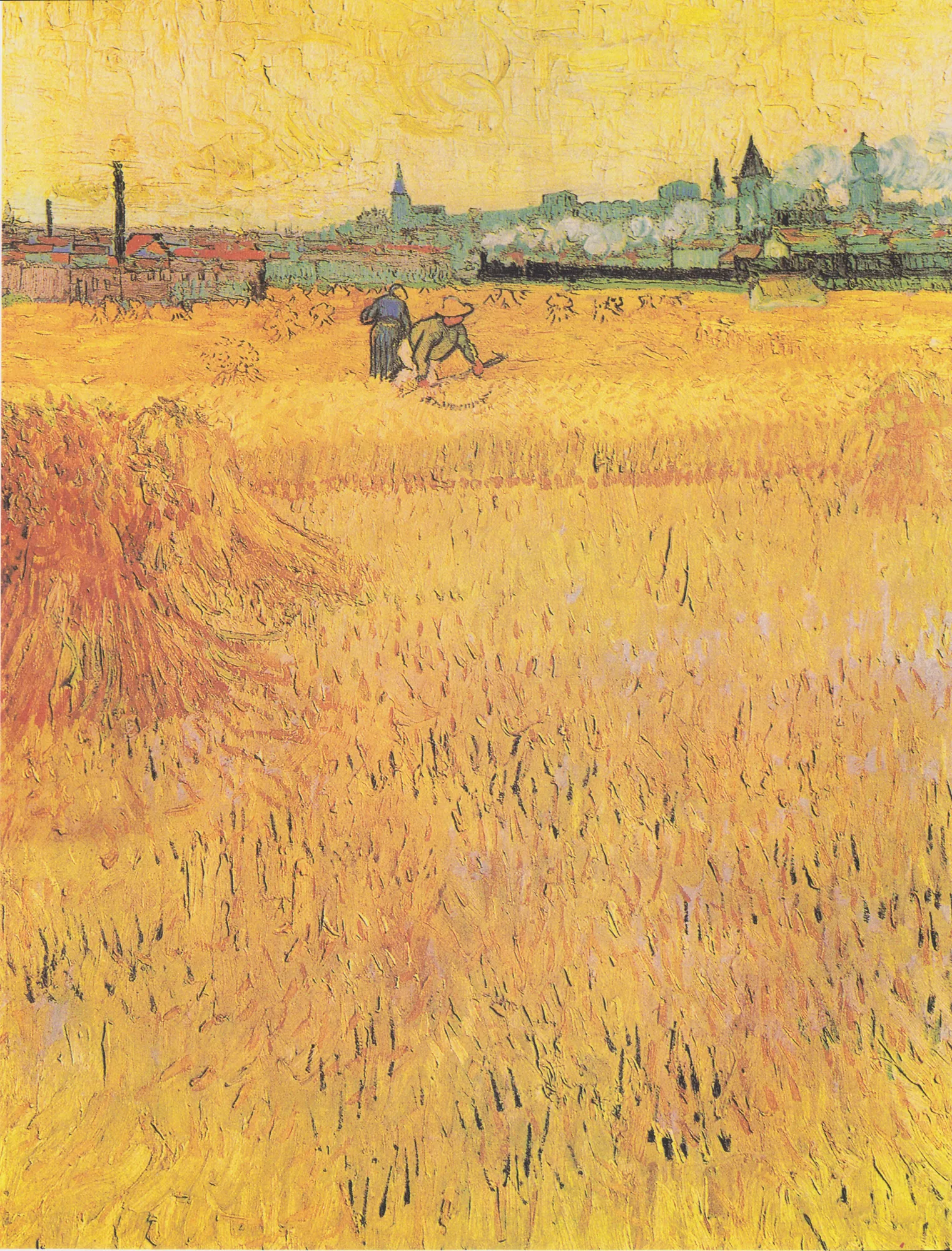 Arles: View from the Wheat Fields Arles: View from the Wheat Fields by Vincent van Gogh. A vibrant yellow wheat field fills the foreground where two figures labor, set against the distant skyline of Arles and industrial chimneys.
