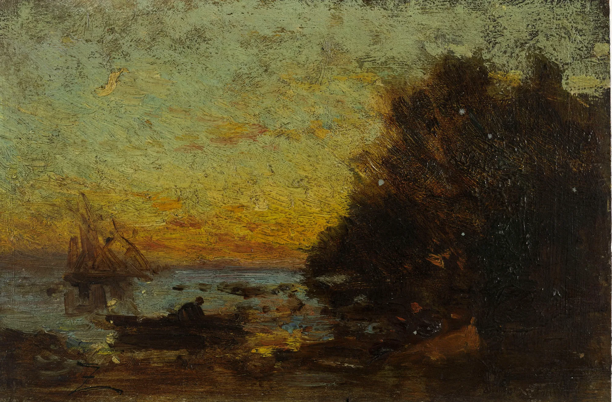 Barque et Voiliers, Couché de Soleil Barque et Voiliers, Couché de Soleil by Félix Ziem. A small boat and distant sailing ships on calm waters at sunset, framed by a dark, silhouetted shoreline on the right.