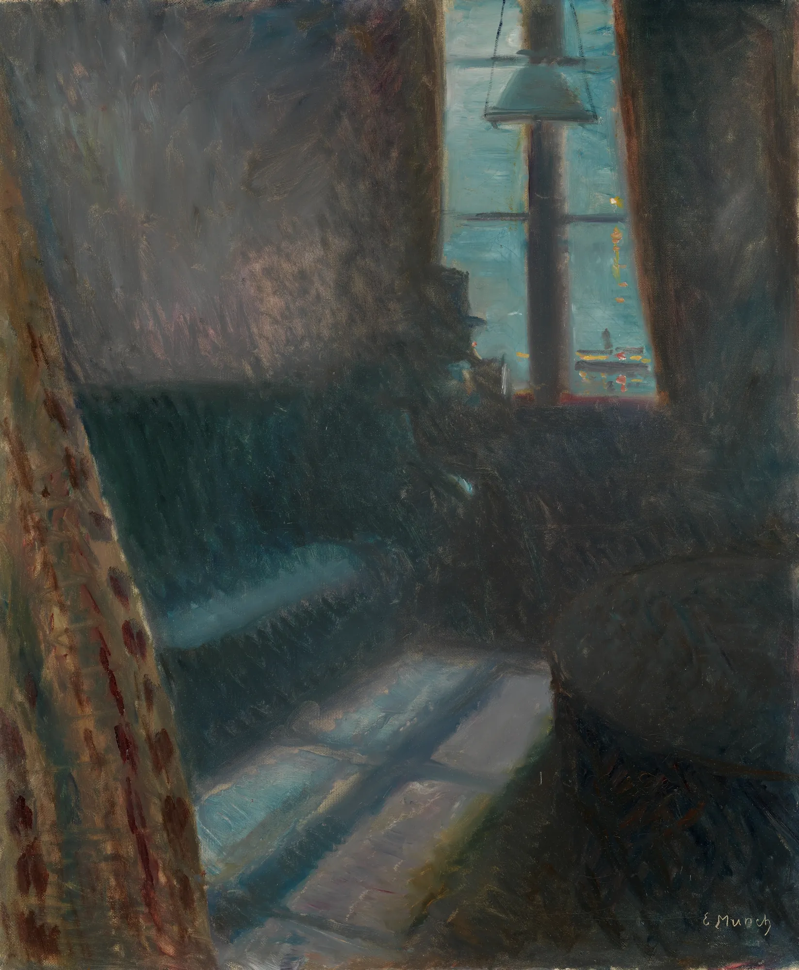 Night in Saint-Cloud Night in Saint-Cloud by Edvard Munch. A dimly lit interior shows a shadowy room with a tall window overlooking a blue-toned night scene and a distant silhouette.