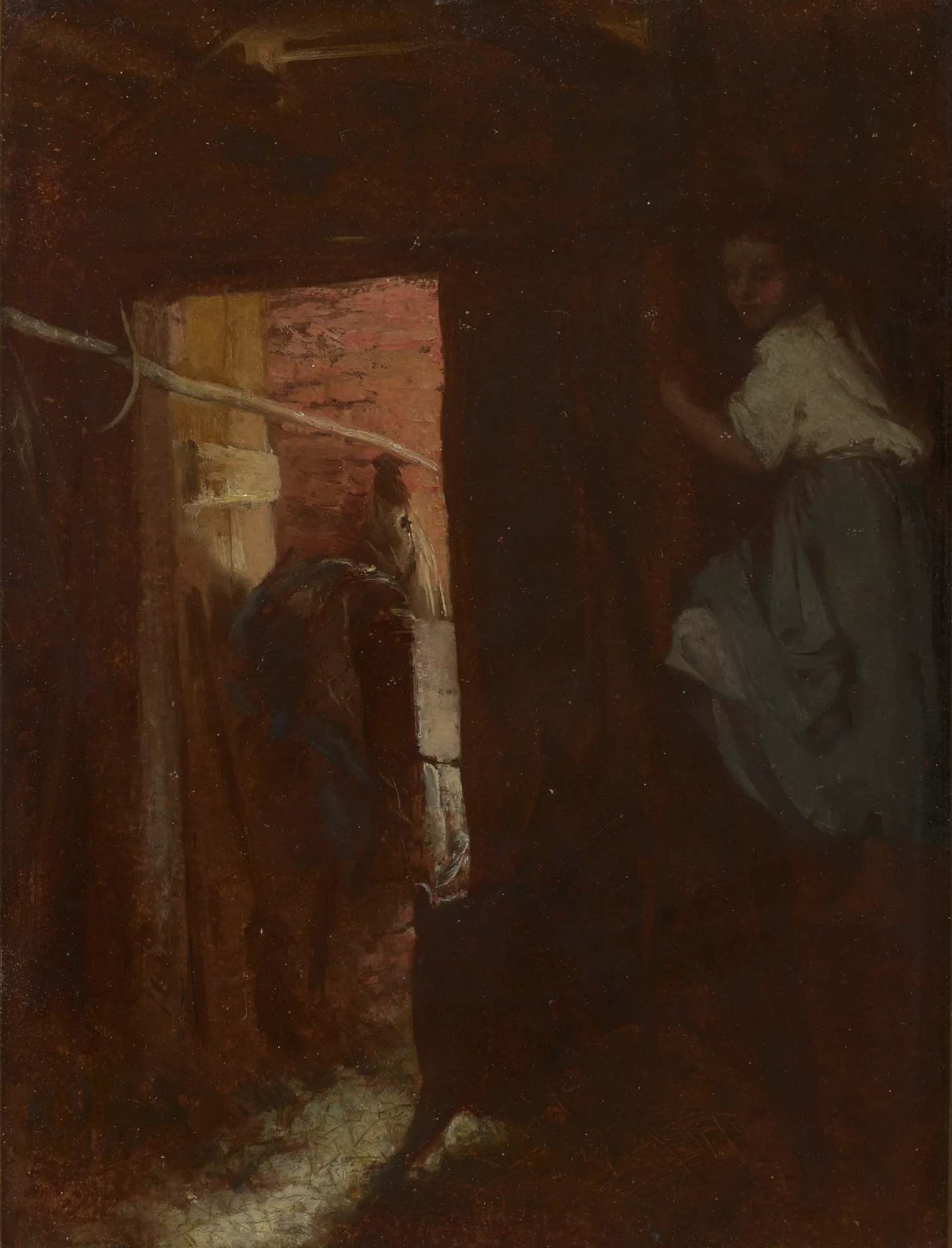 Interior of a Cottage Interior of a Cottage by Aleksander Kotsis. A young girl in a white blouse and blue skirt climbs a wooden ladder within a dark, rustic cottage interior.