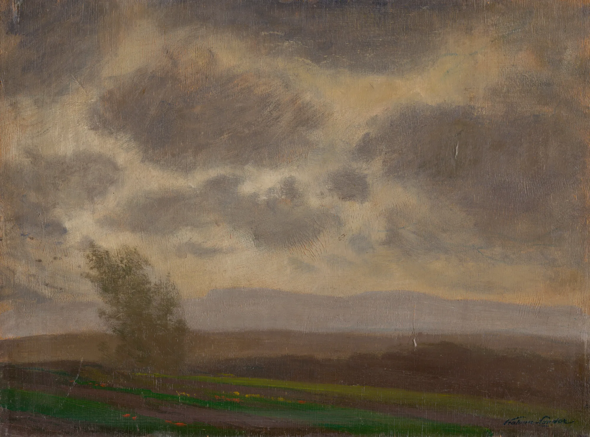 Before the Storm Before the Storm by Nándor Katona. A landscape painting featuring a dramatic, cloud-heavy sky above a dark horizon with a single tree wind-blown tree to the left.