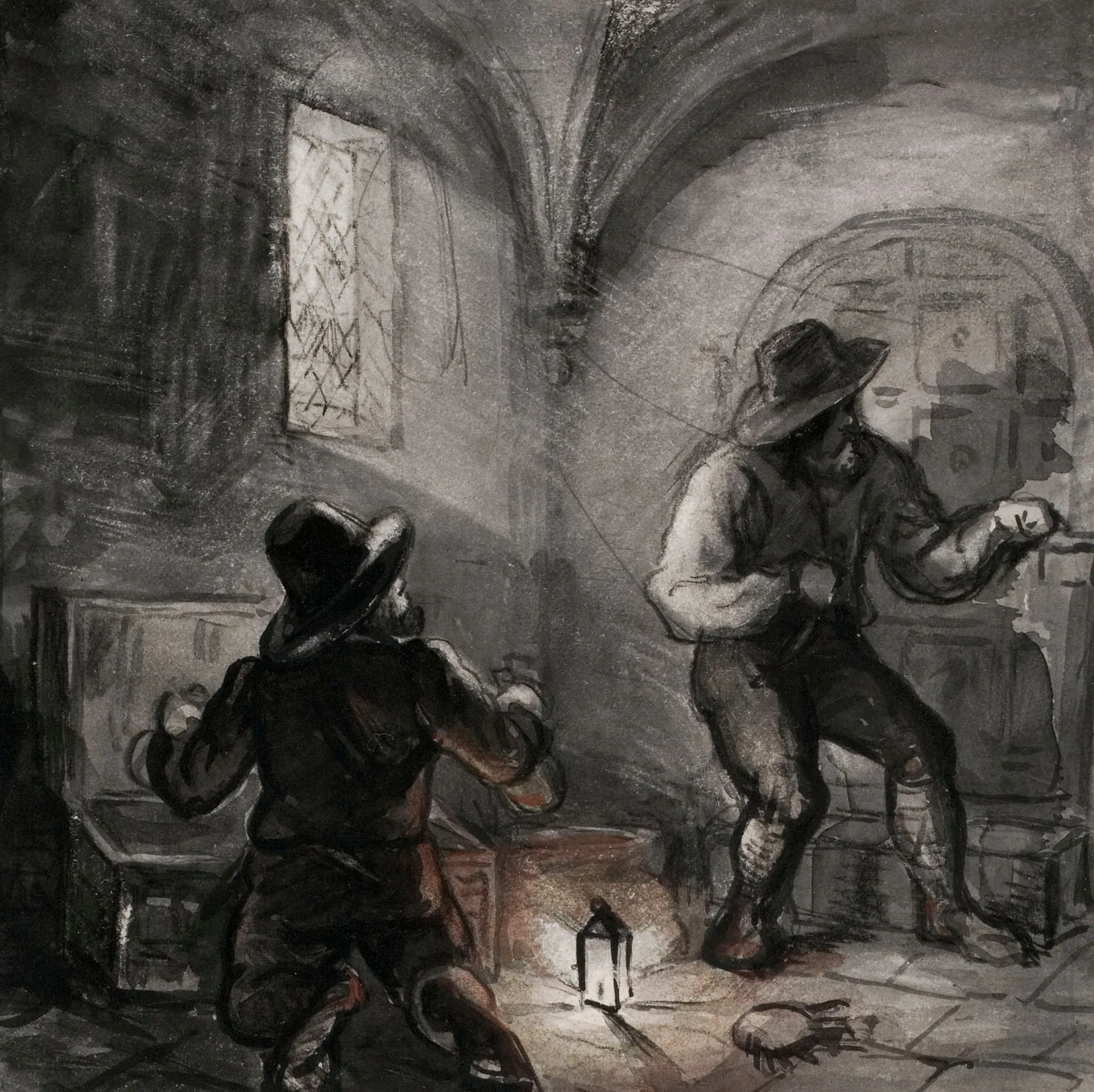 Two Men Stealing (Kaksi miestä varkaissa) Two Men Stealing (Kaksi miestä varkaissa) by Anders Ekman. A dramatic monochrome wash drawing depicting two men in wide-brimmed hats engaged in a burglary within a dimly lit, vaulted stone room illuminated by a single floor lantern.