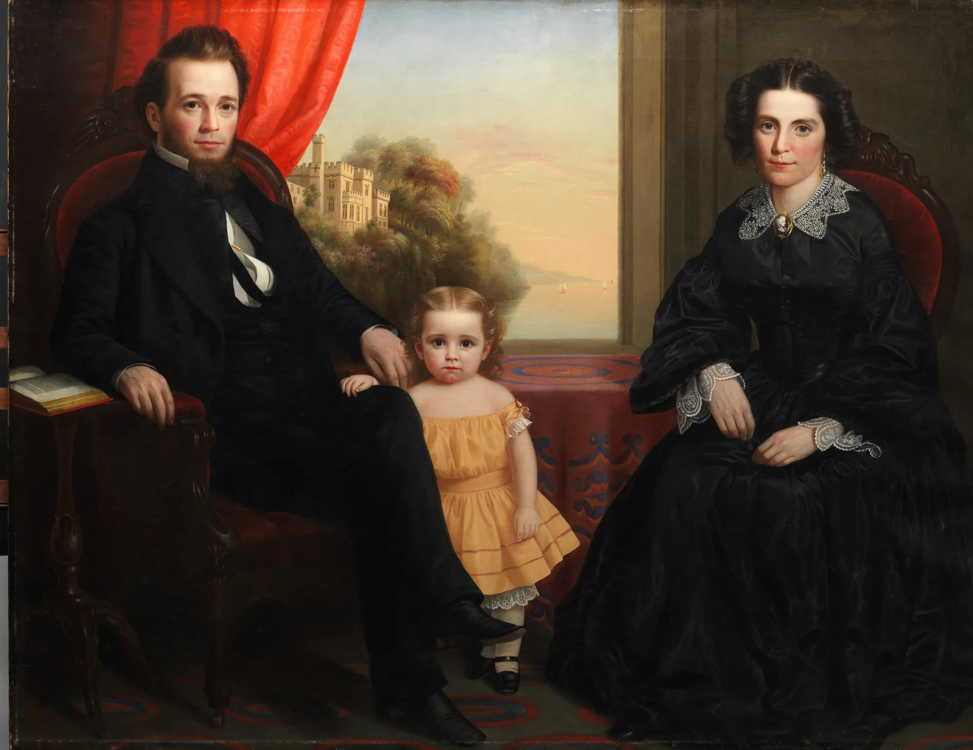 A Family Group A Family Group by Unknown Artist. A formal oil portrait from circa 1850 depicting a man and woman seated with a young girl in a yellow dress between them, set against a window overlooking a landscape with a castle.