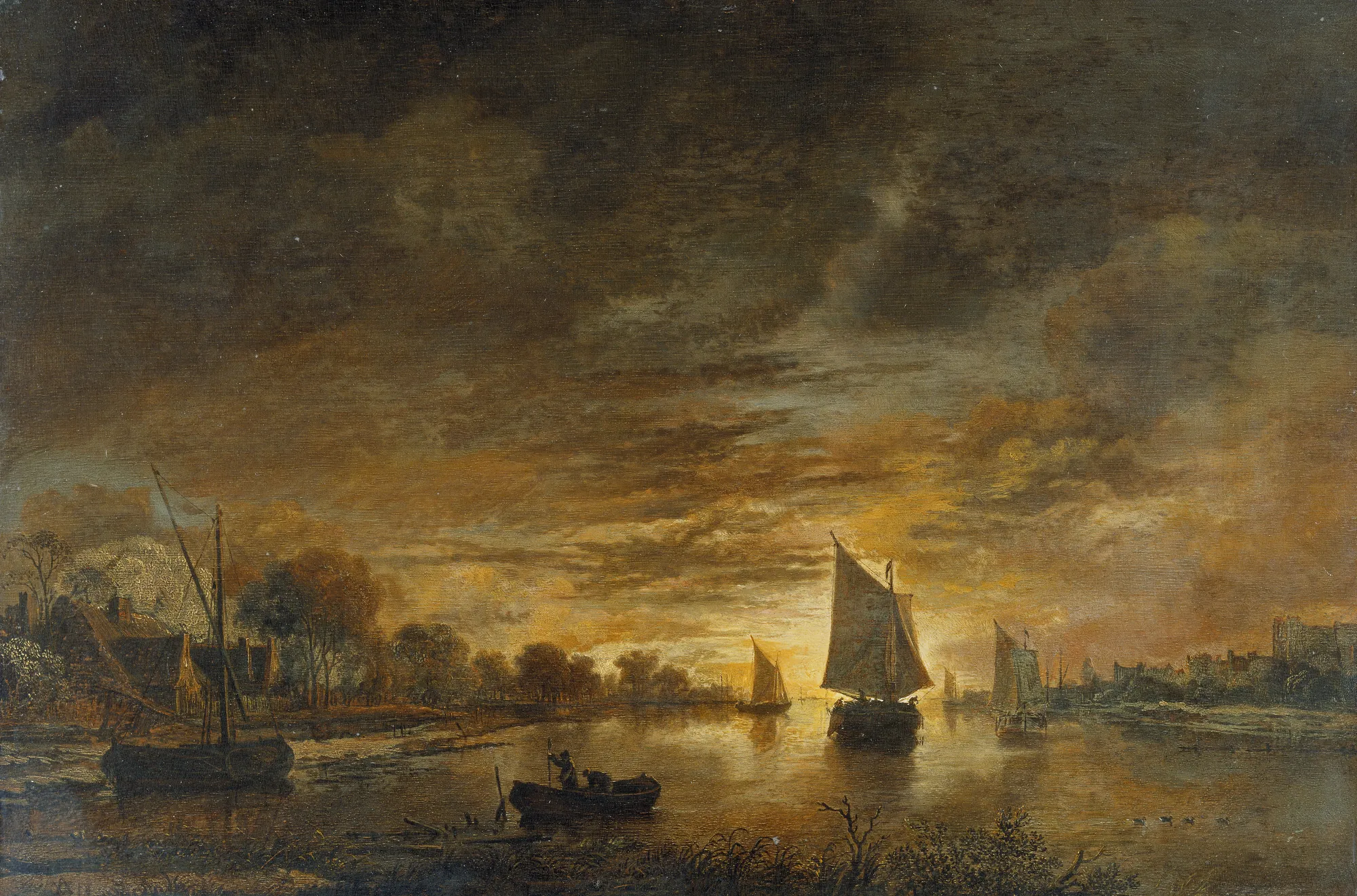 River Landscape with Ships at Moonrise