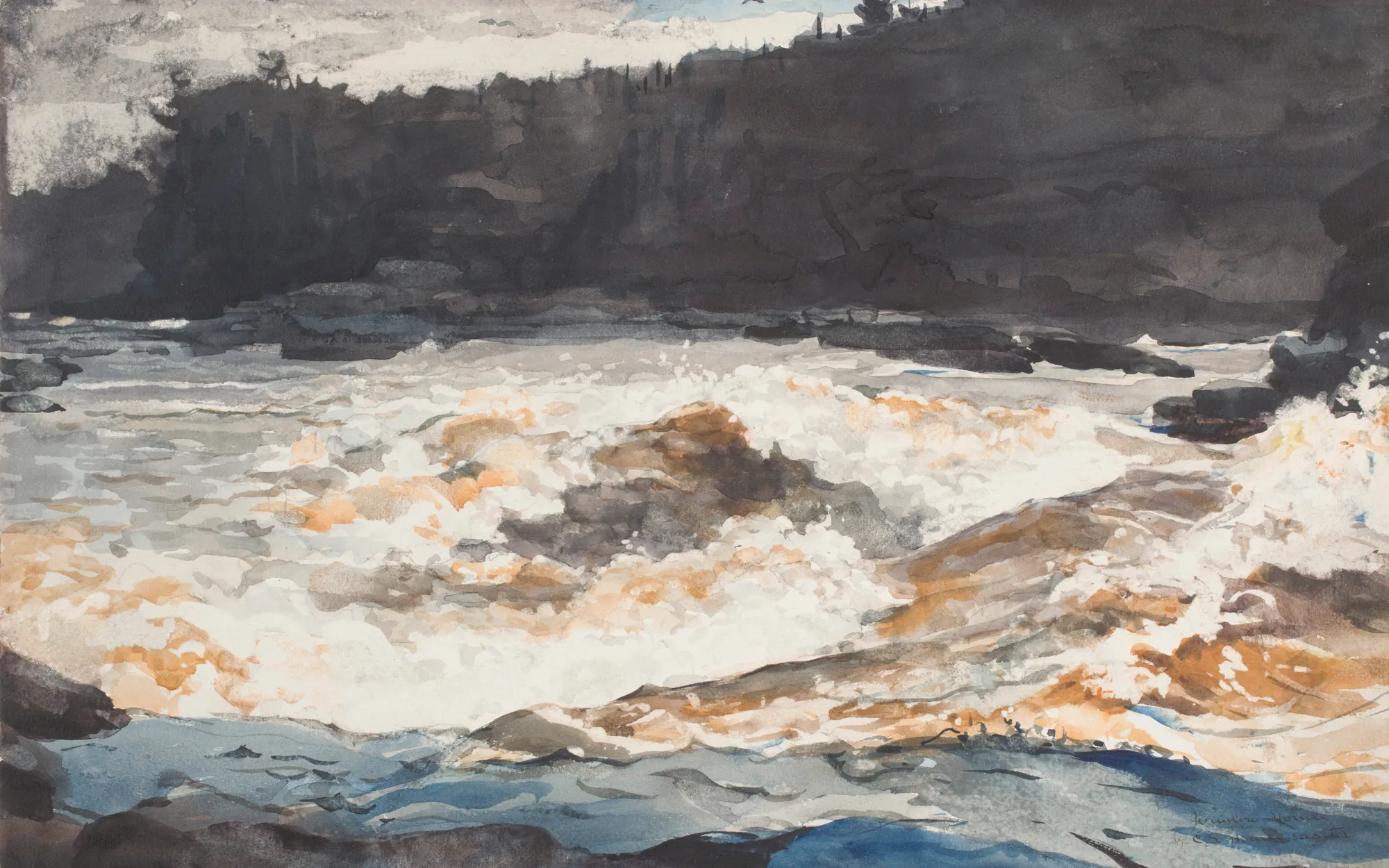 Grand Discharge, Lake St. John Grand Discharge, Lake St. John by Winslow Homer. A dynamic watercolor painting of rushing white-water rapids against a dark, moody forested shoreline.