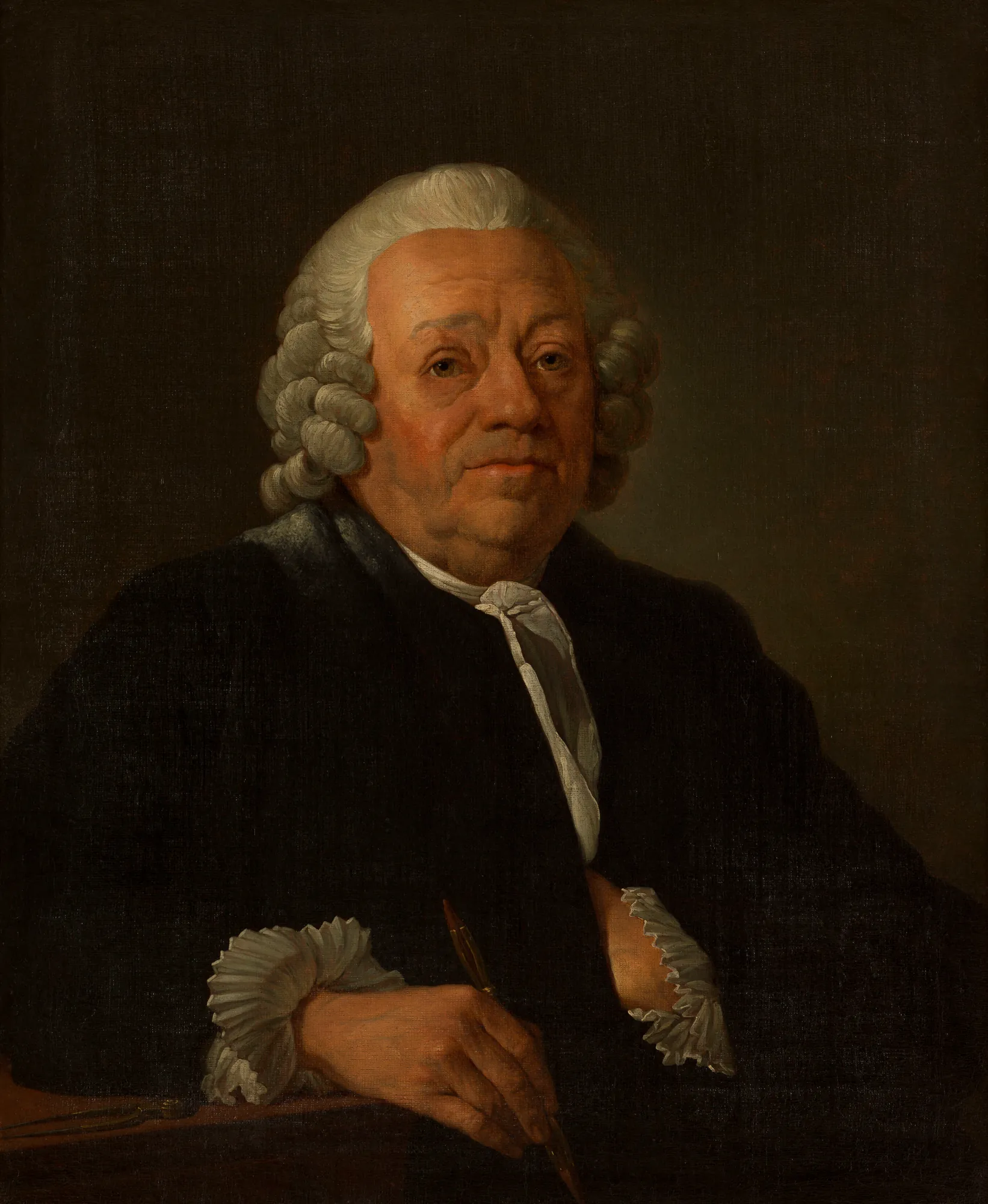Portrait of Jean-Nicolas Servandoni Portrait of Jean-Nicolas Servandoni by Jean-François Gilles Colson. An 18th-century portrait of an elderly man with a powdered wig, holding a drawing tool at a desk with dividers.