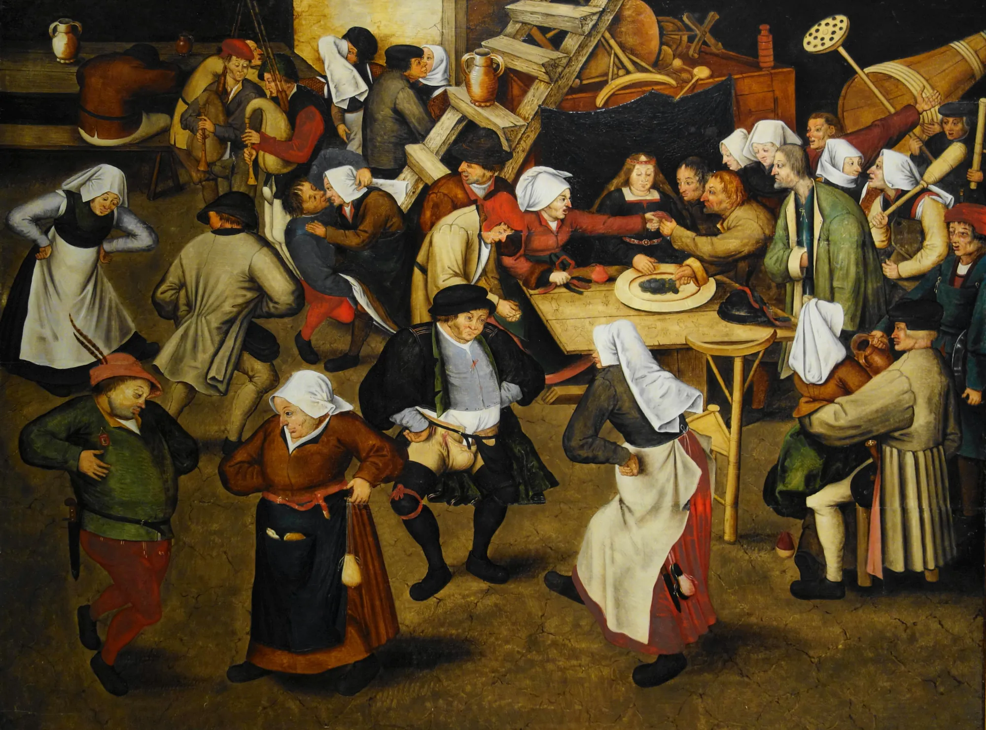 Peasant Wedding Dance Peasant Wedding Dance by Pieter Brueghel the Younger. An energetic scene depicting numerous 17th-century peasants dancing, drinking, and celebrating inside a rustic barn.
