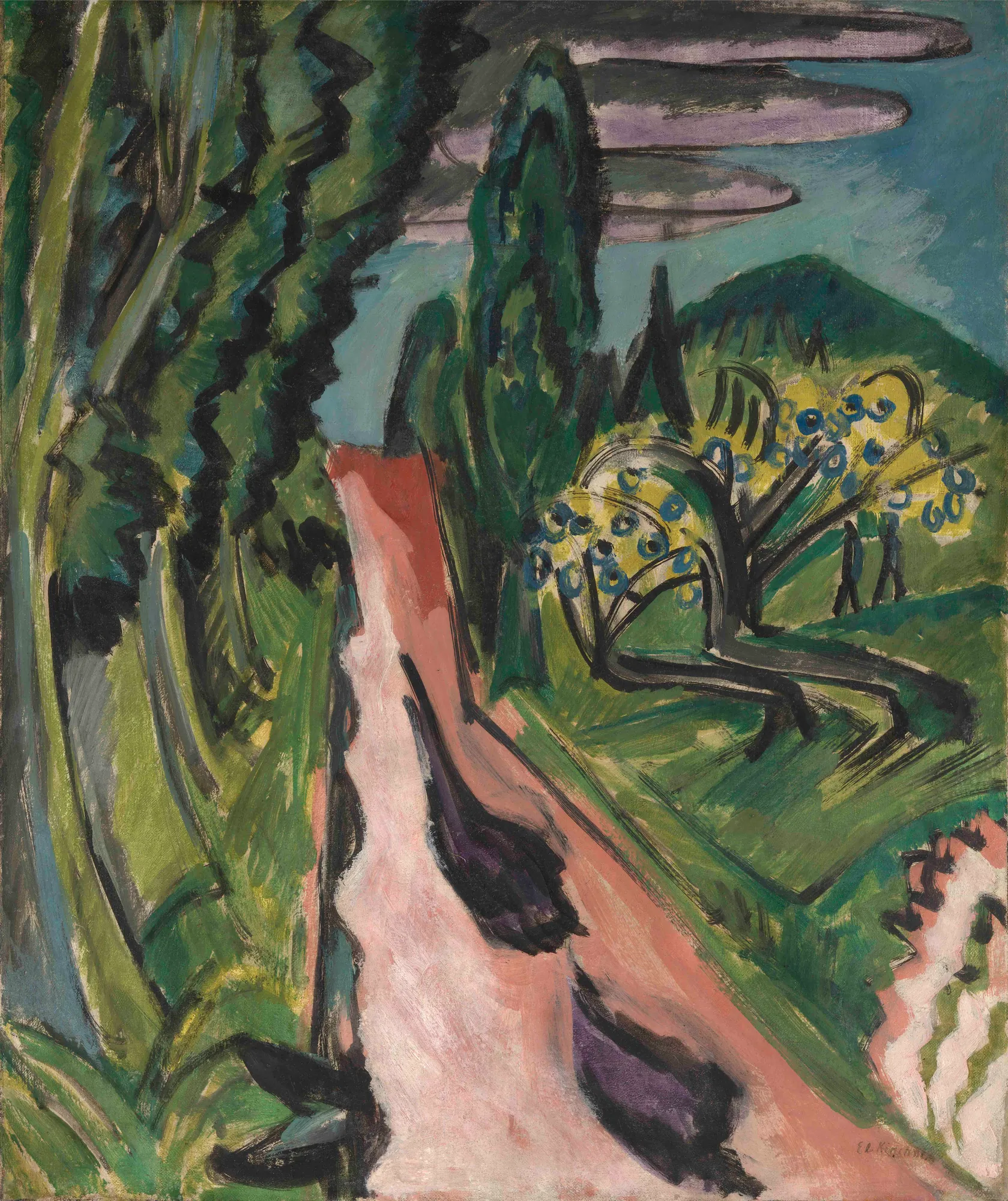Taunus Road Taunus Road by Ernst Ludwig Kirchner. An expressionist landscape featuring a pinkish road winding through jagged green trees under a heavy, clouded sky.