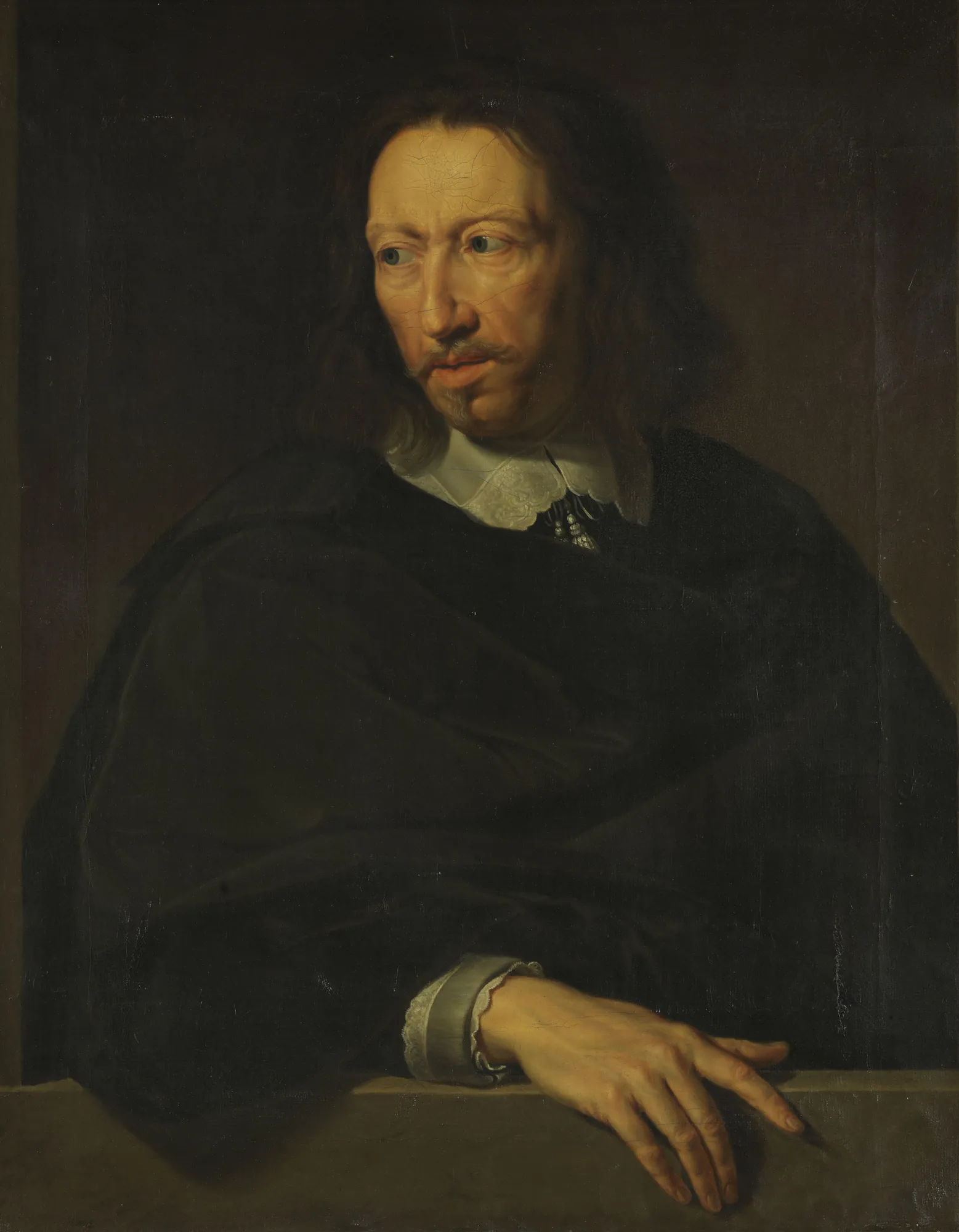 Portrait of Robert Arnaud d'Andilly Portrait of Robert Arnaud d'Andilly by Jacob Munch. A half-length portrait of a man in a black cloak and lace collar, resting his hand on a stone ledge against a dark background.