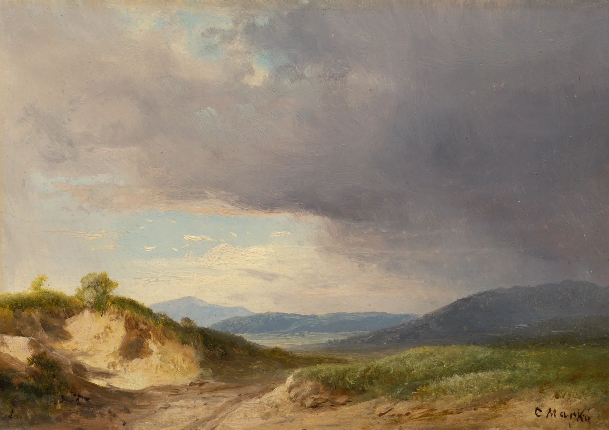 Hilly Landscape with Cloudy Skies Hilly Landscape with Cloudy Skies by Károly Markó. A rolling landscape with a sandy foreground path under a vast, dramatic sky filled with heavy grey and white clouds.