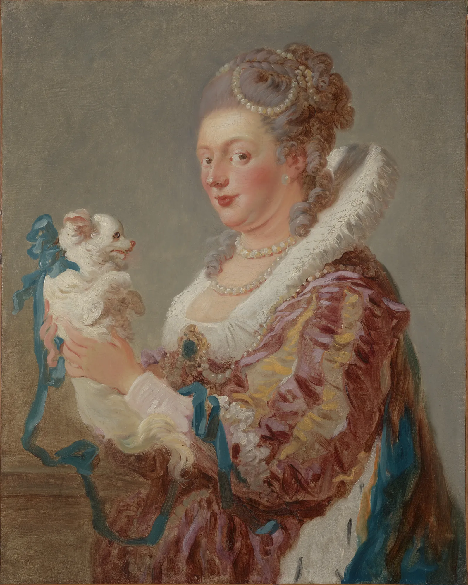 A Woman with a Dog A Woman with a Dog by Jean-Honoré Fragonard. A Rococo portrait of a woman in an elaborate gown with a large ruff collar, holding a small white dog decorated with a blue ribbon.