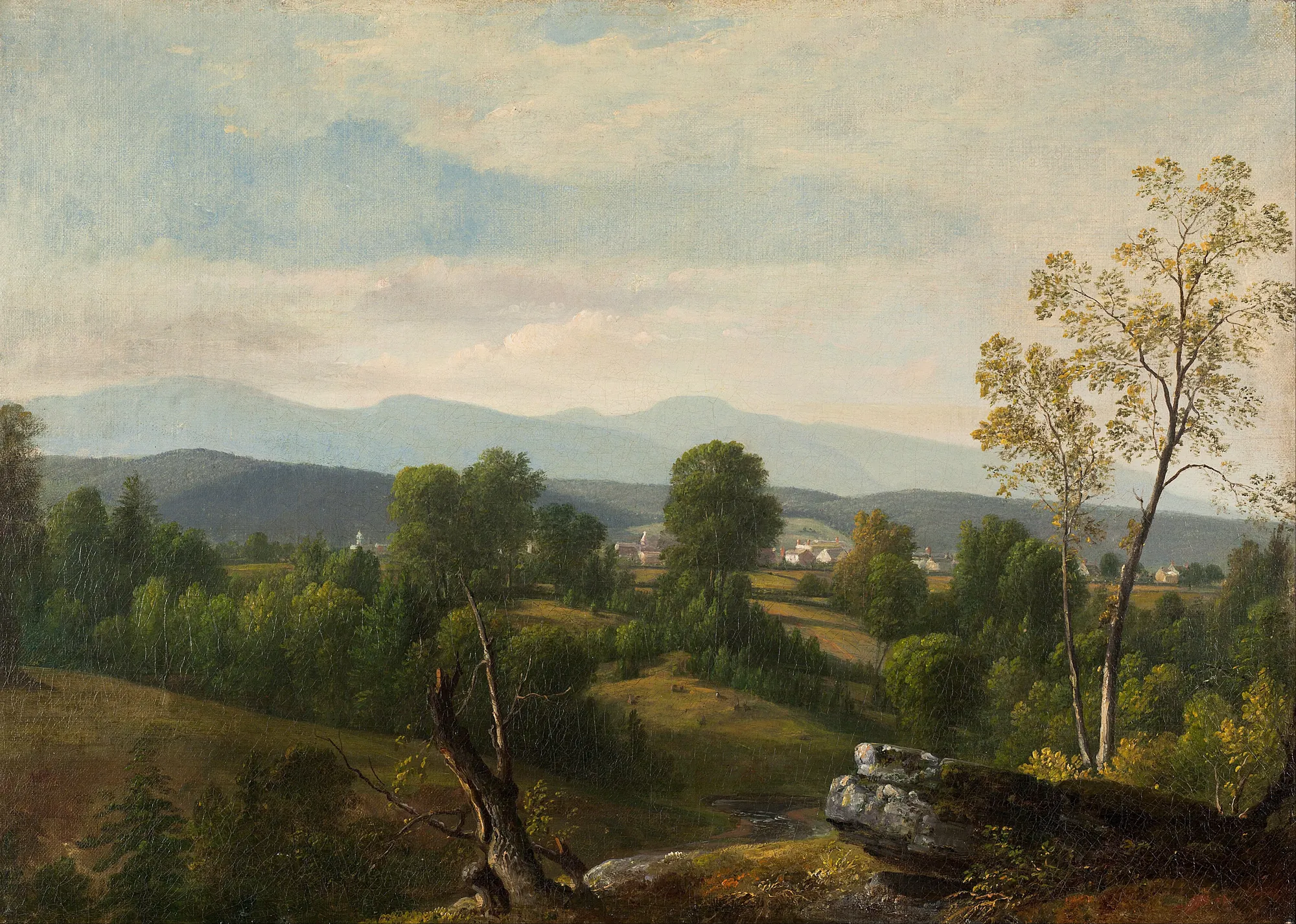 A View of the Valley A View of the Valley by Asher Brown Durand. A 19th-century landscape painting showing a sunlit valley with a small town, dense forests, and blue mountains in the distant background.