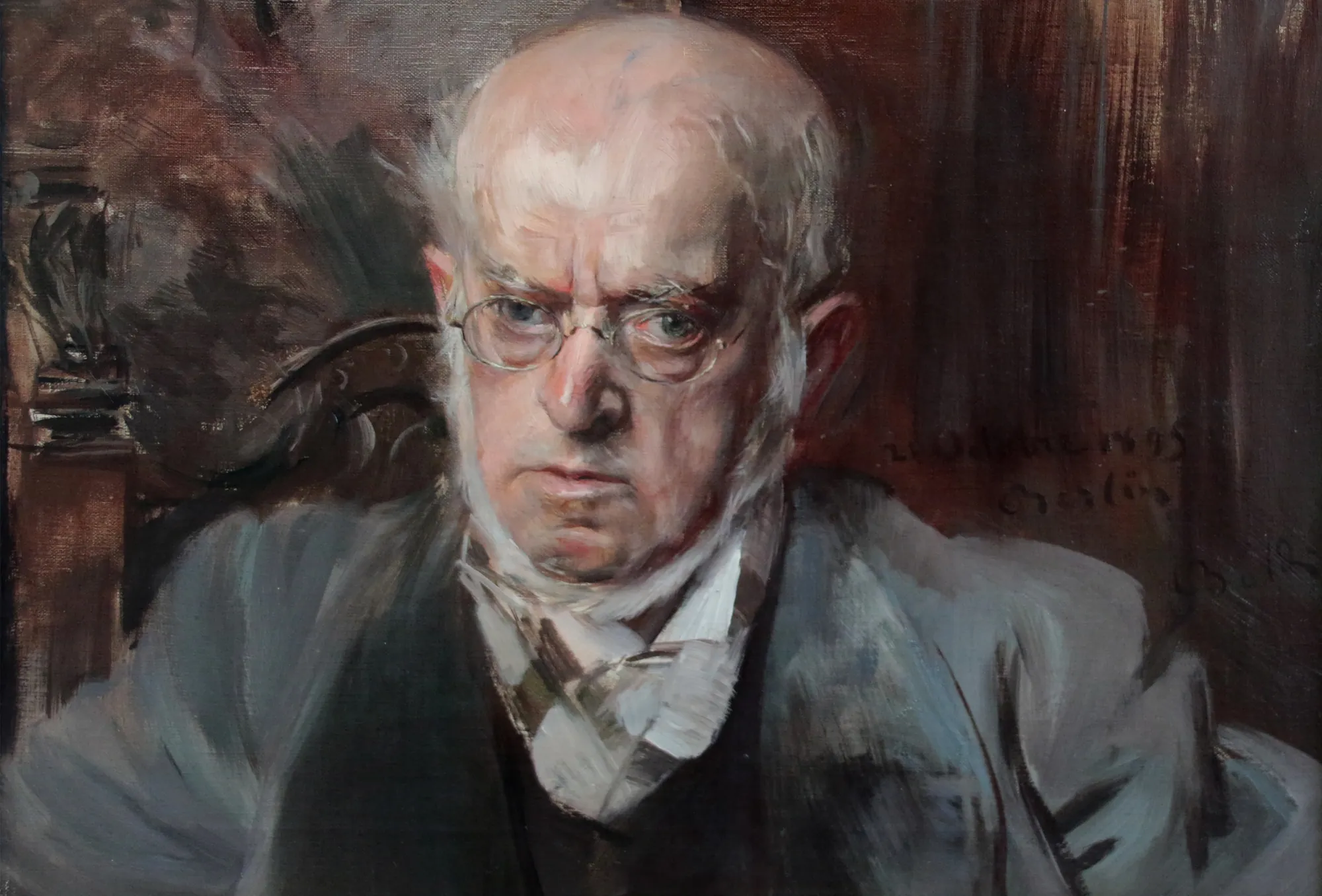 Adolph Menzel Adolph Menzel by Giovanni Boldini. An oil portrait of an elderly man with glasses and white mutton chops, depicted with energetic, fluid brushstrokes against a dark, atmospheric background.