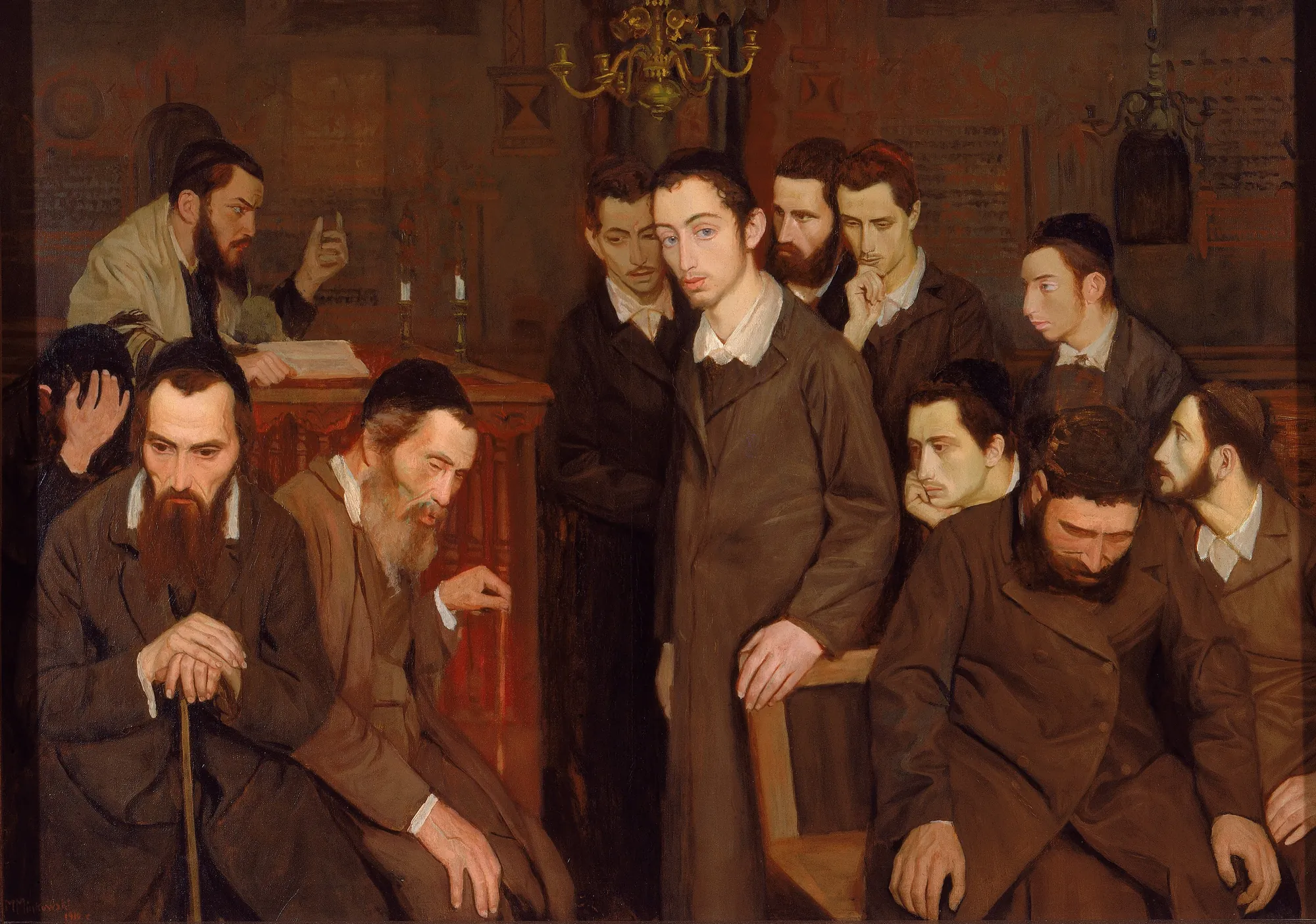 He Cast a Look and Went Mad He Cast a Look and Went Mad by Maurycy Minkowski. A somber gathering of men in traditional dark coats inside a Jewish study hall, with a central figure looking out with a haunting expression.