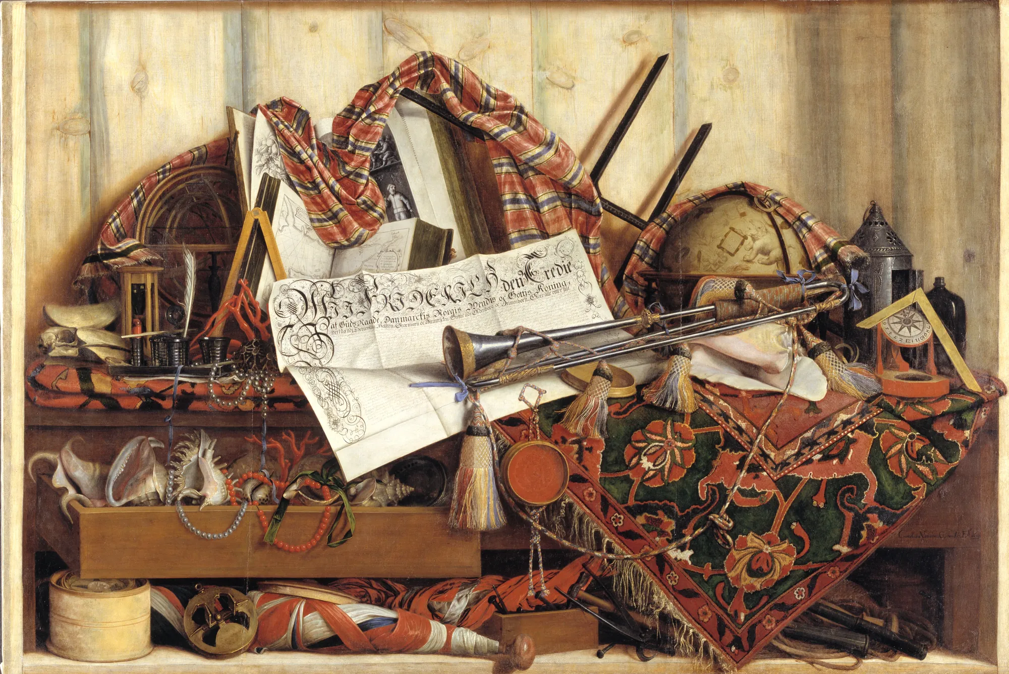 Trompe l'Oeil with Trumpet, Celestial Globe and Proclamation Trompe l'Oeil with Trumpet, Celestial Globe and Proclamation by Cornelis Norbertus Gijsbrechts. A highly detailed trompe-l'oeil still life featuring a trumpet, celestial globe, a royal proclamation, shells, and textiles arranged in a wooden cabinet.