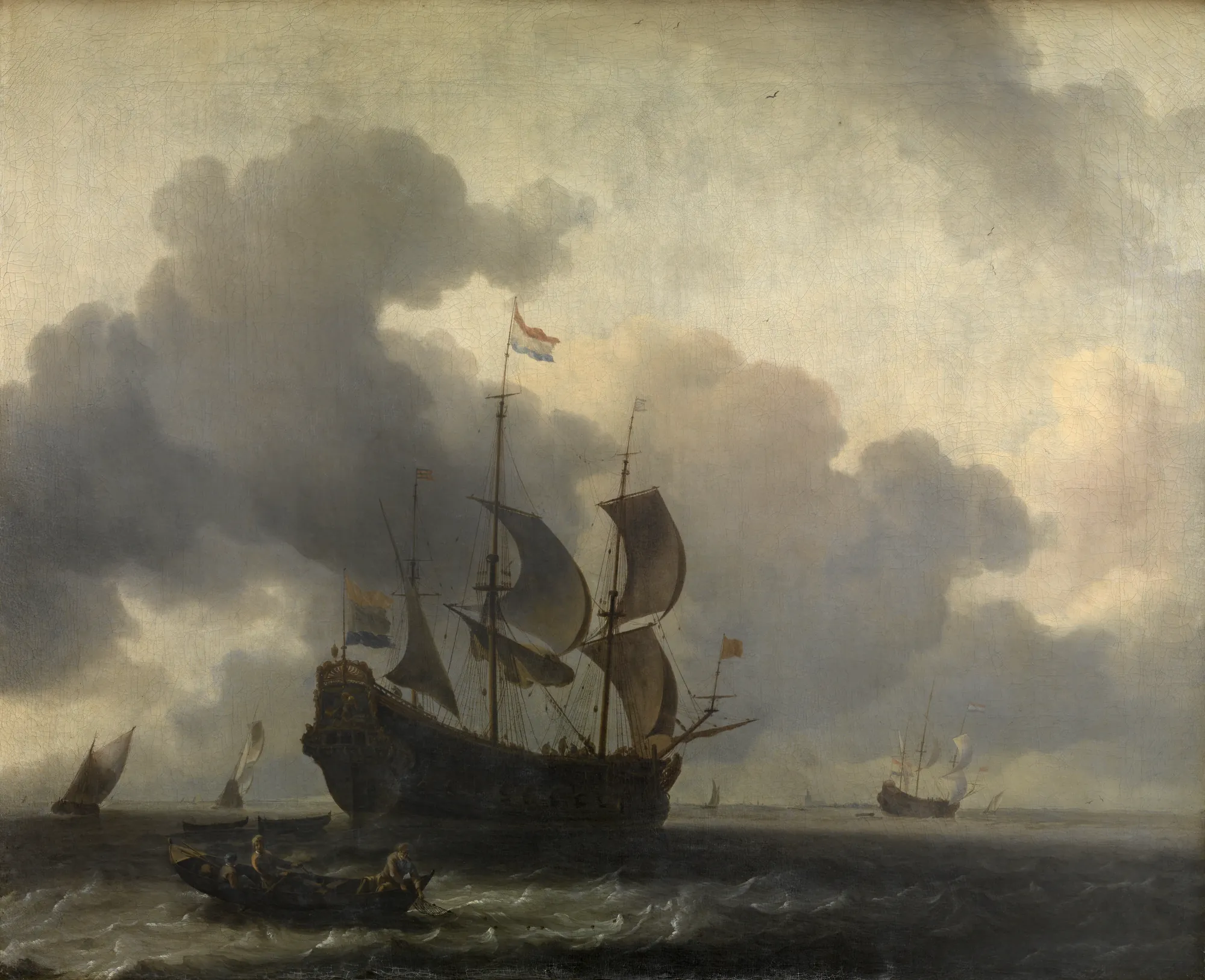 The Warship "De Jacob" at Anchor The Warship "De Jacob" at Anchor by Ludolf Bakhuizen. A large seventeenth-century Dutch warship sits at anchor on choppy grey waters beneath a vast, cloud-filled sky.