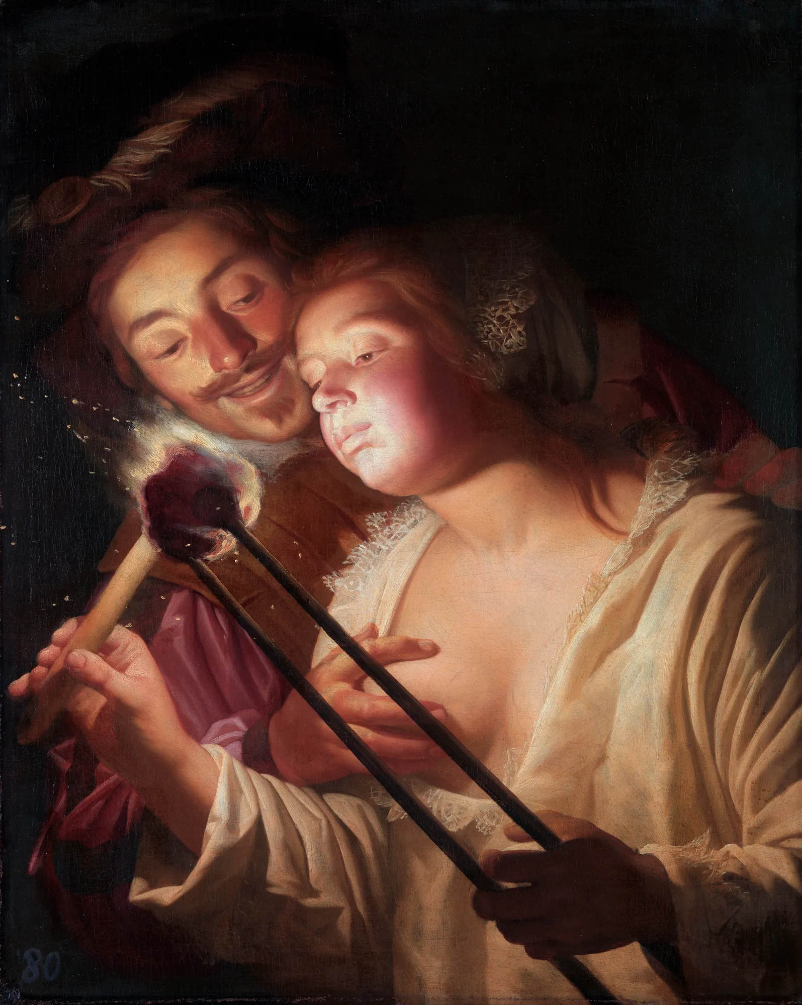The Soldier and the Girl The Soldier and the Girl by Gerard van Honthorst. A high-contrast candlelit scene showing a soldier looking on as a young woman holds a torch, while his hand rests on her partially exposed chest.